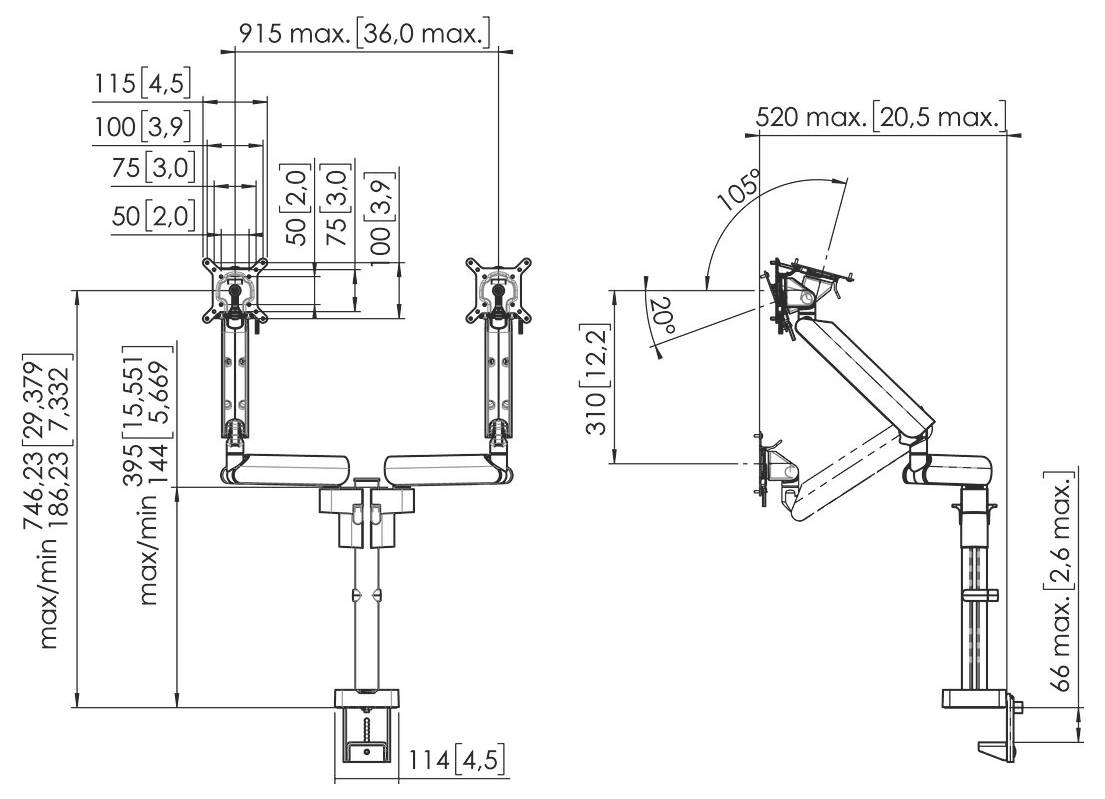 Technical diagram of a dual monitor mount with measurements. Shows maximum and minimum height adjustments, arm extension, and tilt angles.
