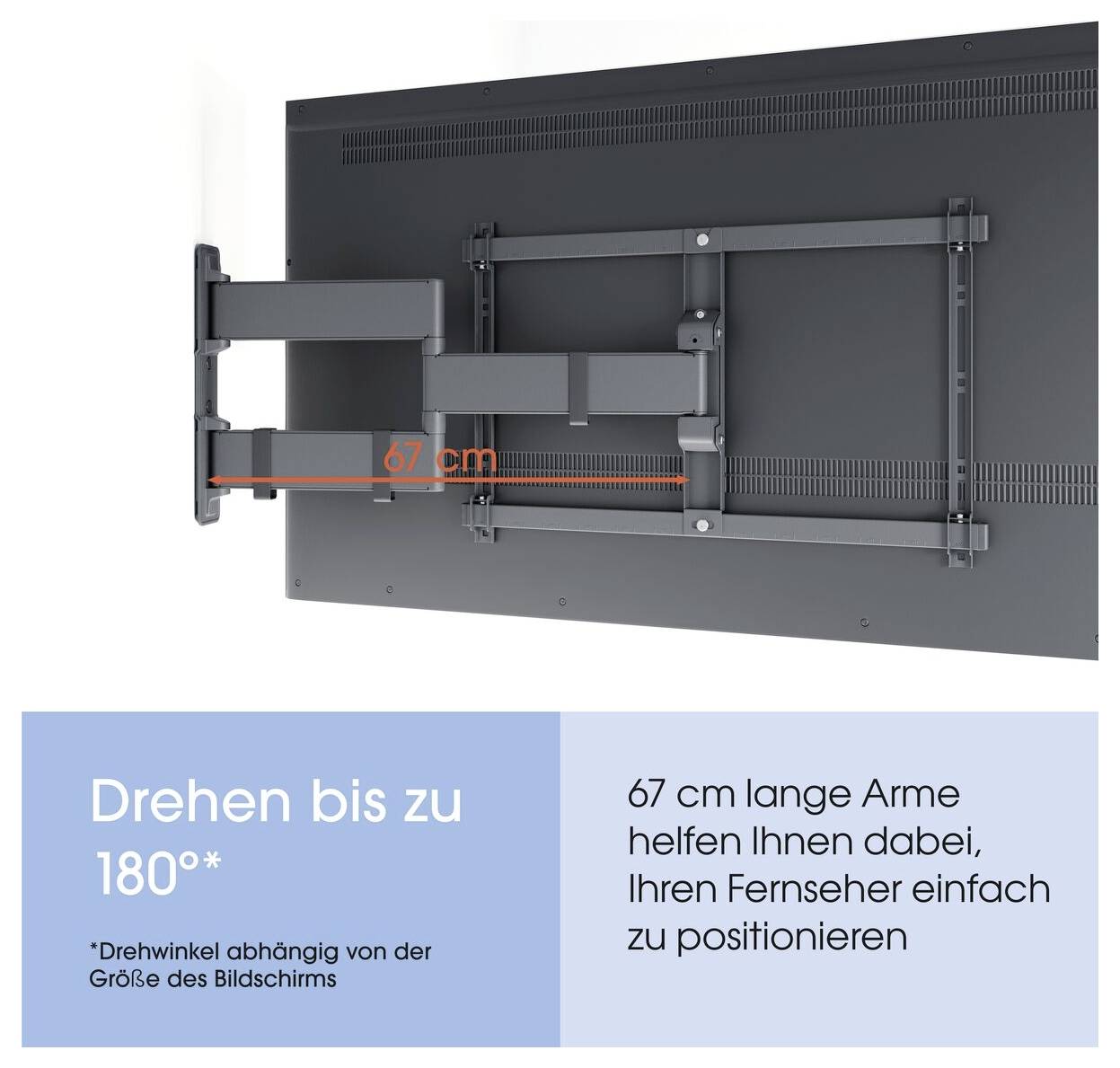Die Abbildung zeigt eine TV-Wandhalterung mit 67 cm langen verstellbaren Armen, die Schwenkwinkel von bis zu 180 Grad ermöglicht, abhängig von der Bildschirmgröße.