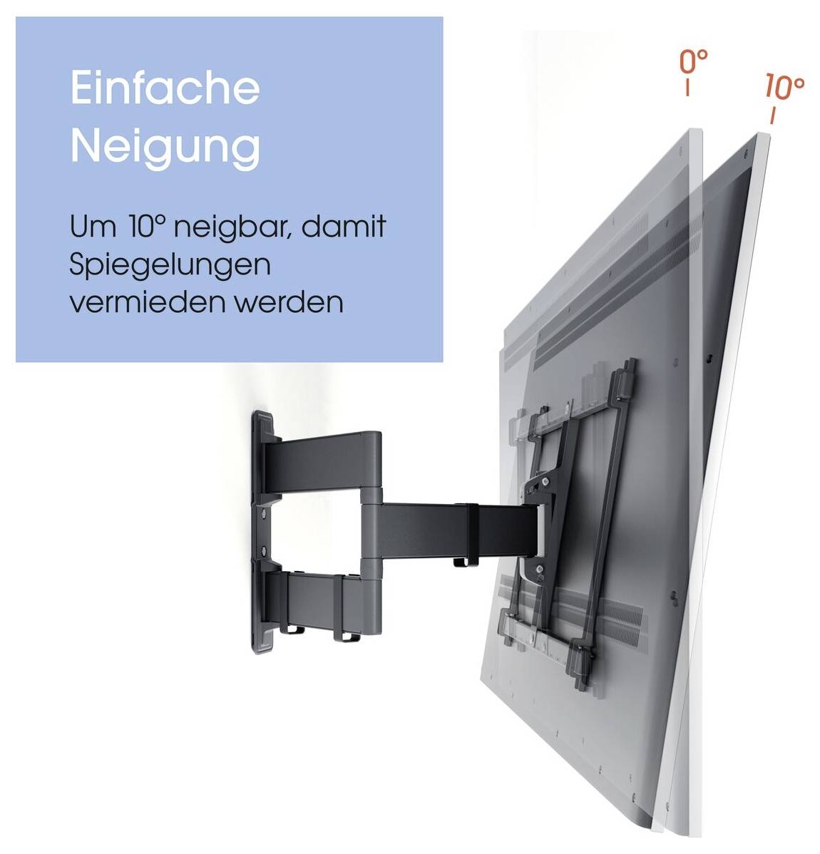 Wandhalterung ermöglicht eine Neigung des Fernsehers um 10° für optimale Sichtbarkeit und Blendreduzierung, mit einer visuellen Darstellung des einstellbaren Winkelbereichs.