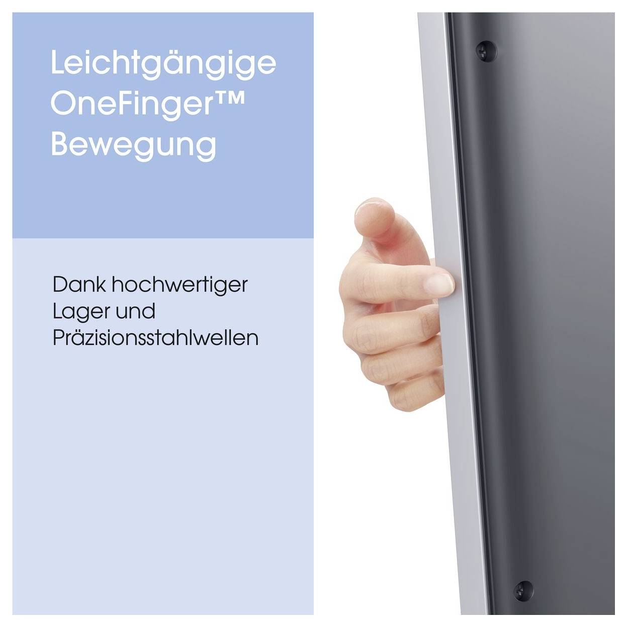 Eine Hand drückt mühelos eine Tür. Das Bild unterstreicht die 'Leichtgängige OneFinger™ Bewegung' und zeigt einen reibungslosen Betrieb mit hochwertigen Komponenten.