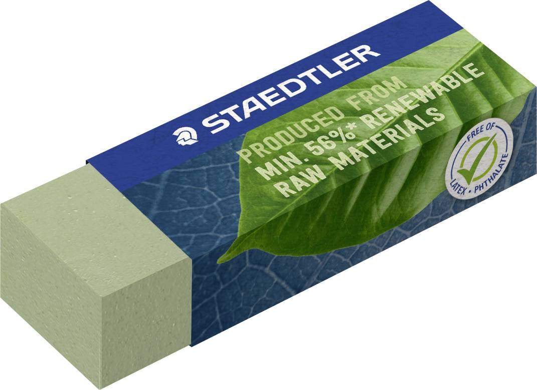 Das Bild zeigt einen Staedtler-Radiergummi mit der Aufschrift „Hergestellt aus mindestens 50% nachwachsenden Rohstoffen