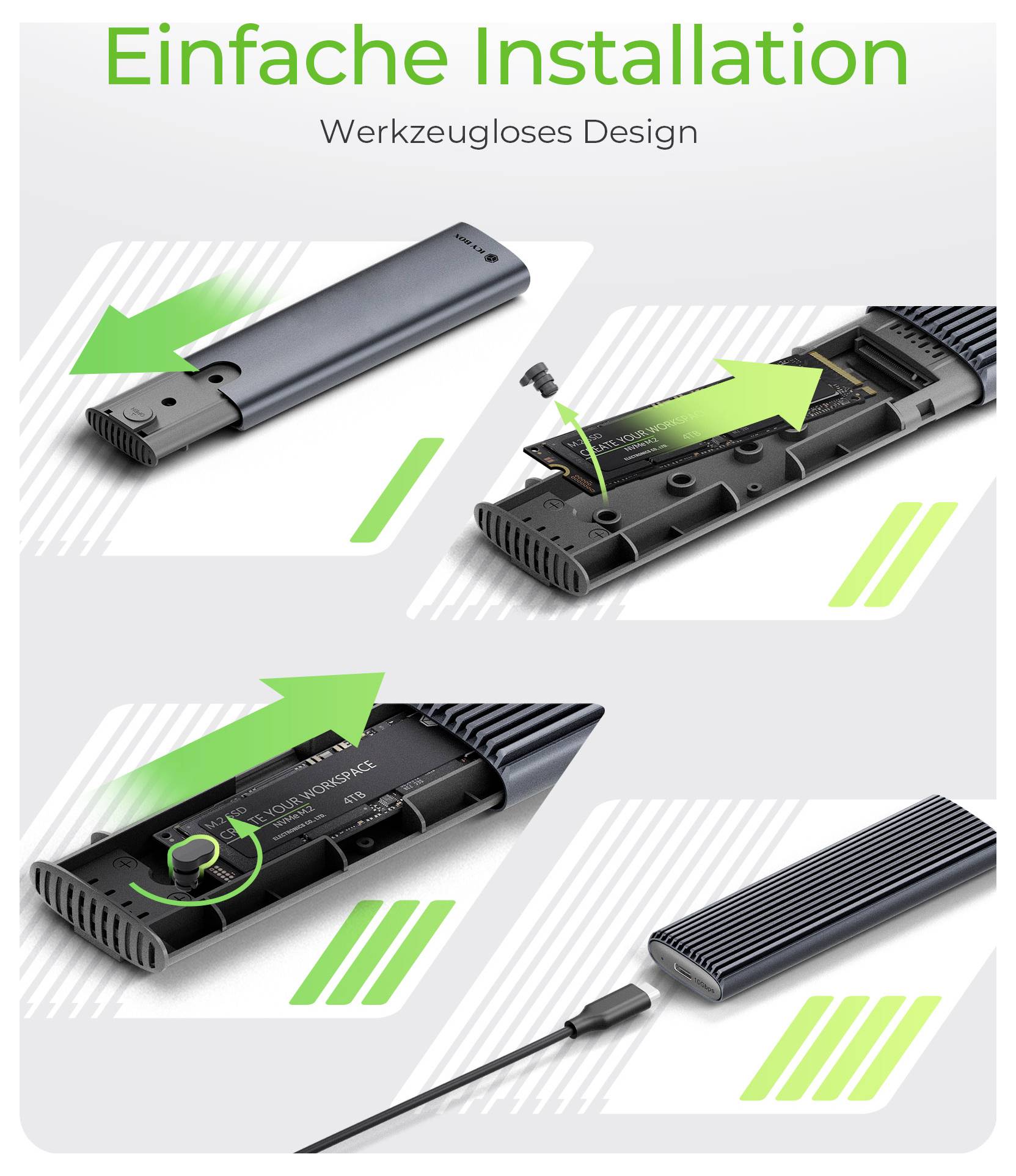 'Einfache Installation durch werkzeuglose Konstruktion'. Abbildung zeigt den Installationsprozess eines Geräts und demonstriert Einsetz- und Befestigungsschritte ohne Werkzeuge.