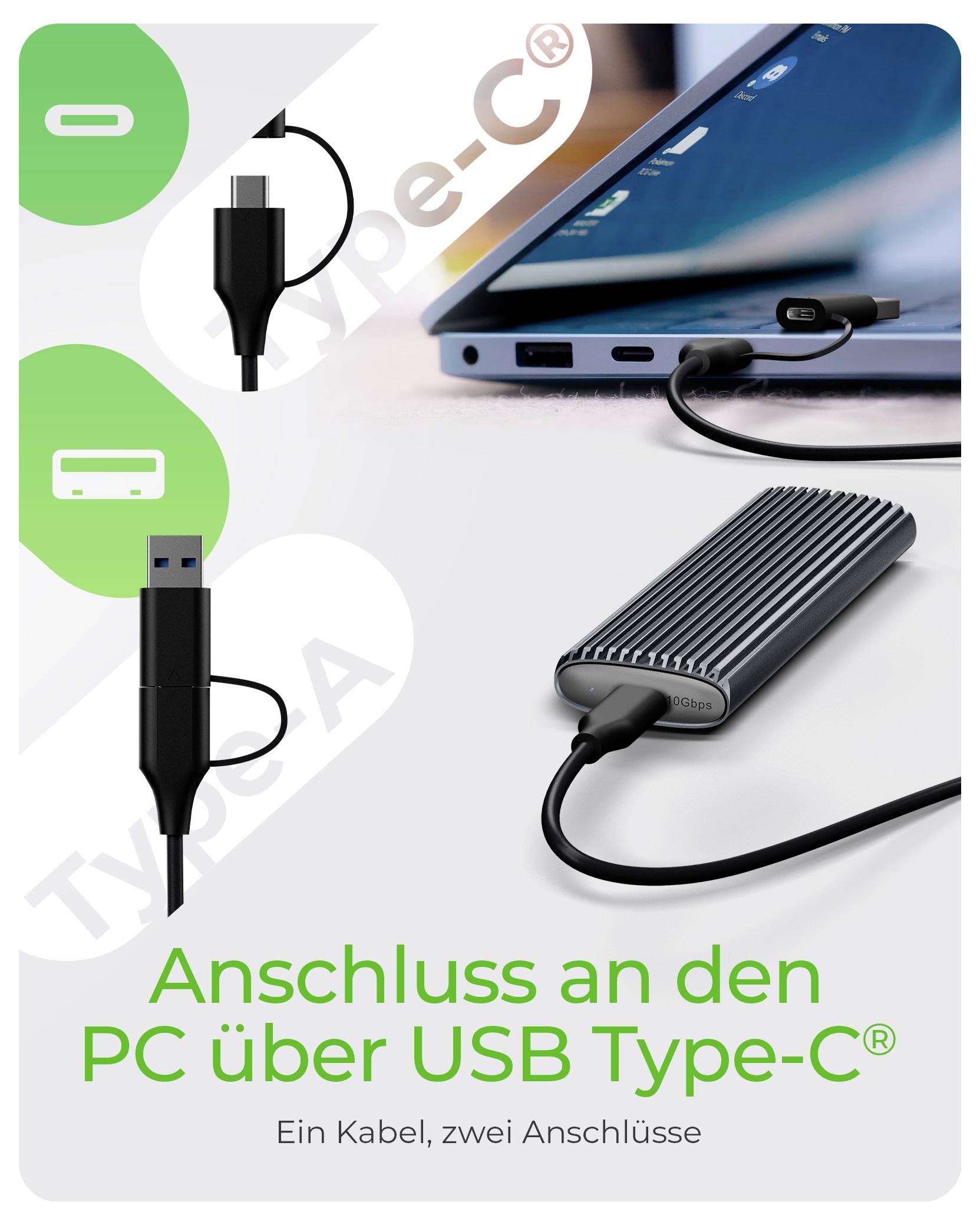 'Anschluss an den PC über USB Type-C. Ein Kabel, zwei Anschlüsse.' Bild von USB Type-C- und Type-A-Anschlüssen sowie einem externen Gerät, das an einen Laptop angeschlossen ist.