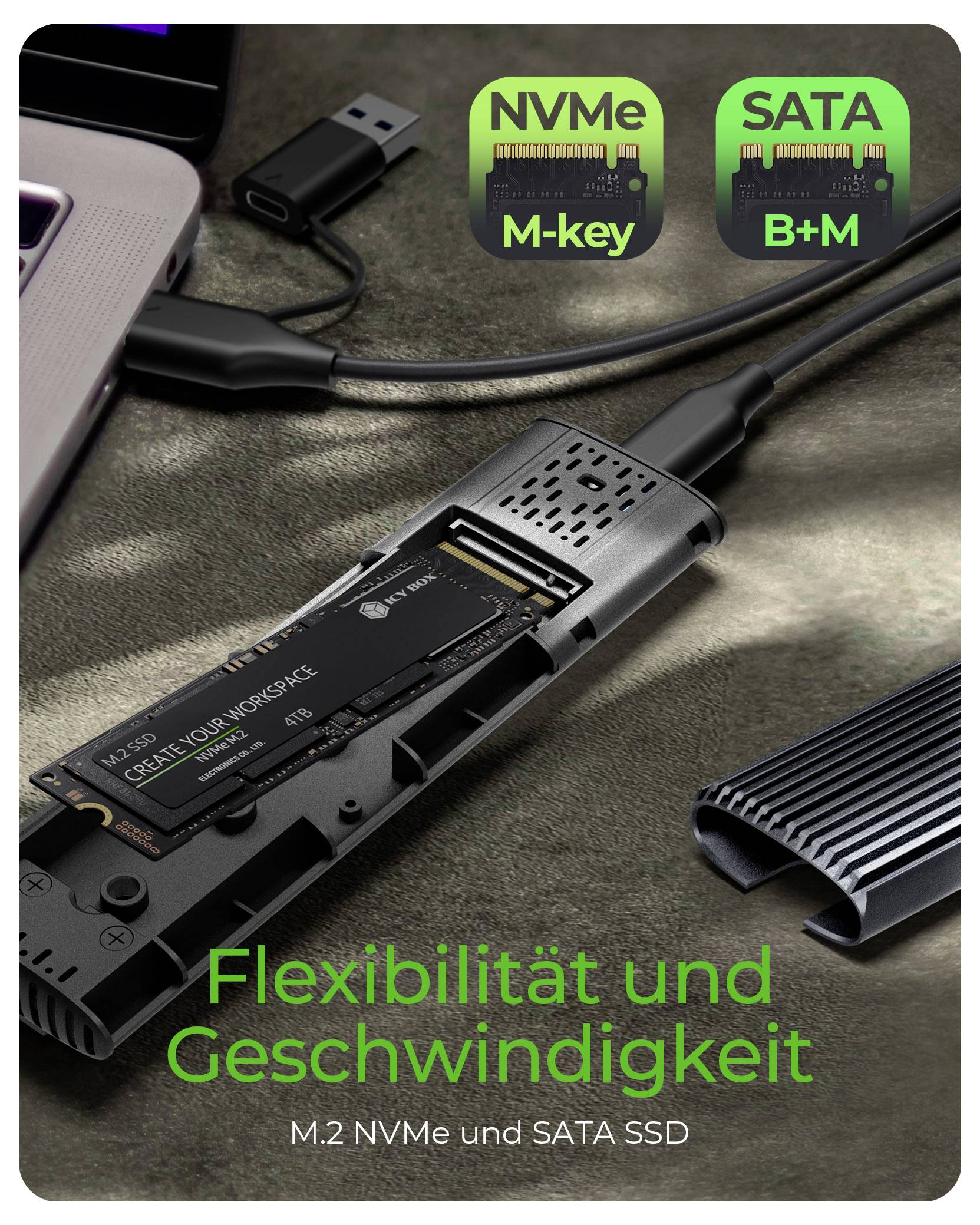 Ein externes SSD-Gehäuse, das sowohl M.2-NVMe- als auch SATA-Laufwerke unterstützt, ist über USB angeschlossen. Im deutschen Text wird 'Flexibilität und Geschwindigkeit' erwähnt.
