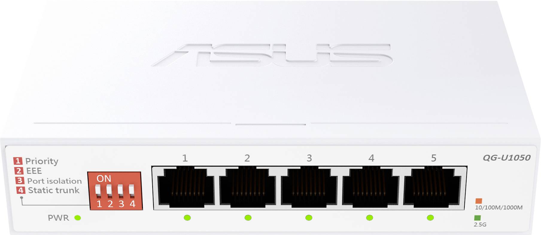 Weißer ASUS-Netzwerk-Switch mit fünf Ethernet-Ports, die von 1 bis 5 beschriftet sind, mit Anzeigen für Stromversorgung, Priorität und Trunk-Einstellungen.