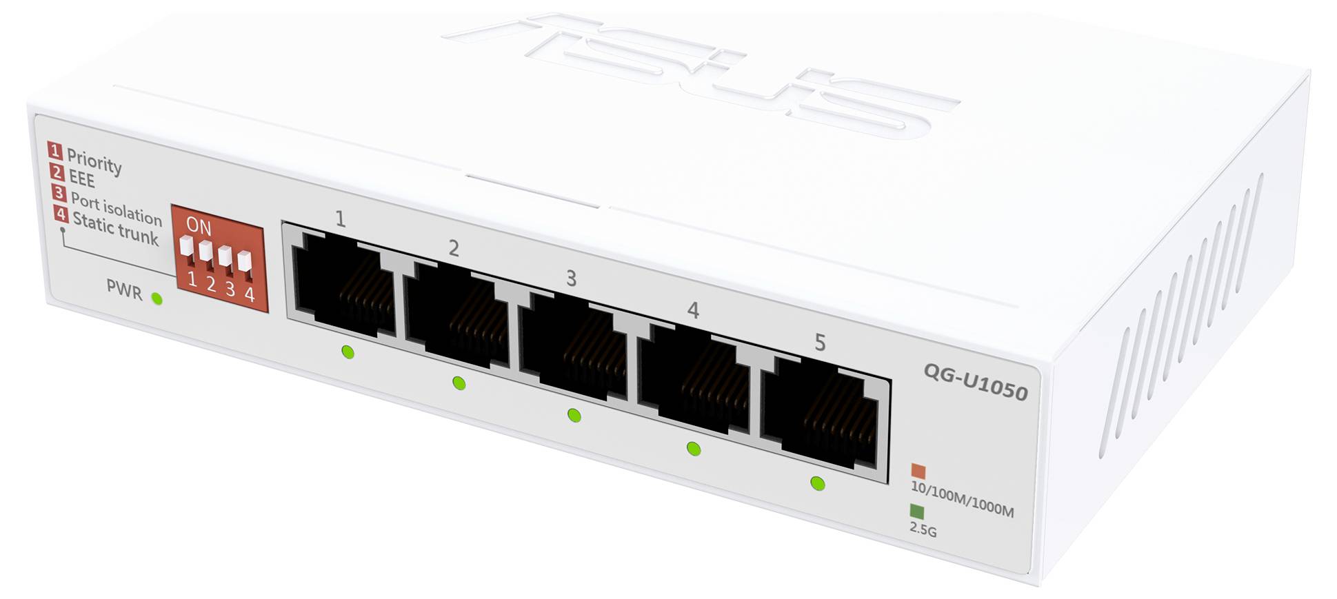 Ein weißer Netzwerk-Switch mit fünf Ethernet-Ports, LED-Anzeigen unterhalb jedes Ports. Beschriftung lautet 