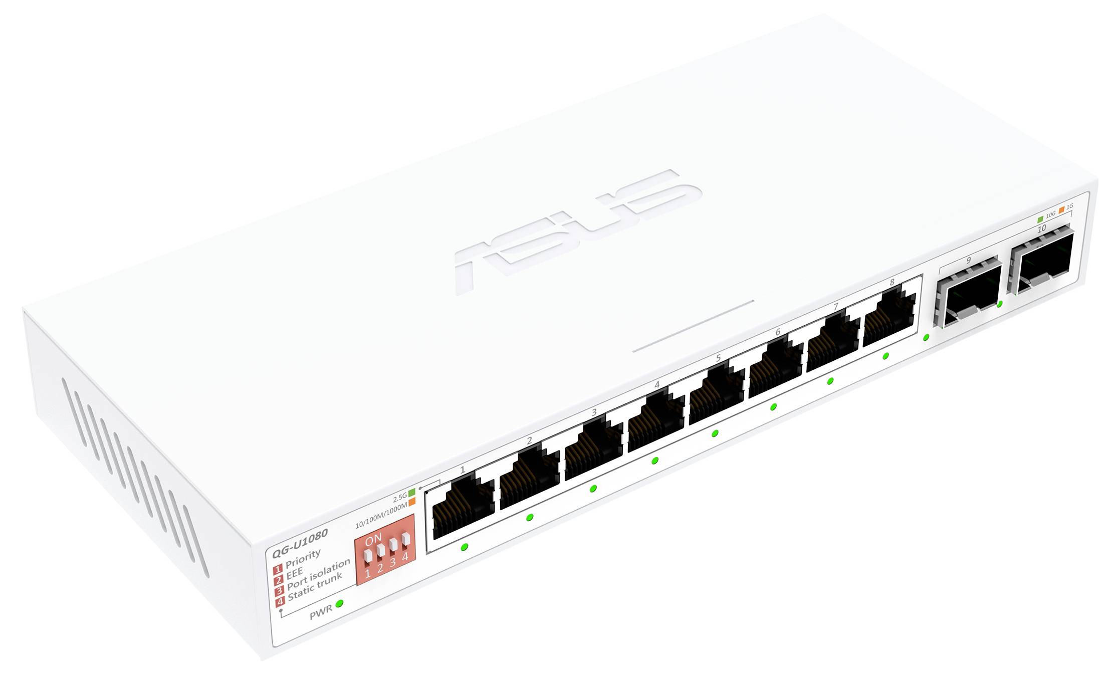 Ein weißer Asus-Netzwerkswitch mit acht Ethernet-Ports und zwei zusätzlichen Ports. LEDs zeigen den Verbindungsstatus an. Modell: GX-U1081.
