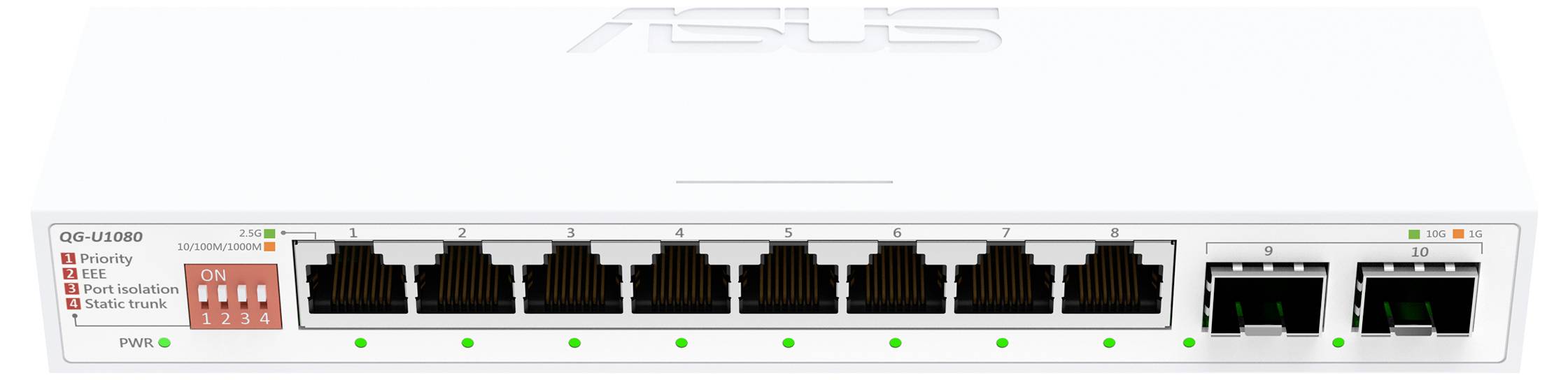 Ein weißer Netzwerk-Switch mit acht Ethernet-Ports und zwei zusätzlichen Anschlüssen auf der rechten Seite. LED-Anzeigen zeigen die Portaktivität an.