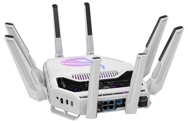 Ein weißer drahtloser Router mit mehreren Antennen, mit bunten LED-Leuchten auf der Oberseite.