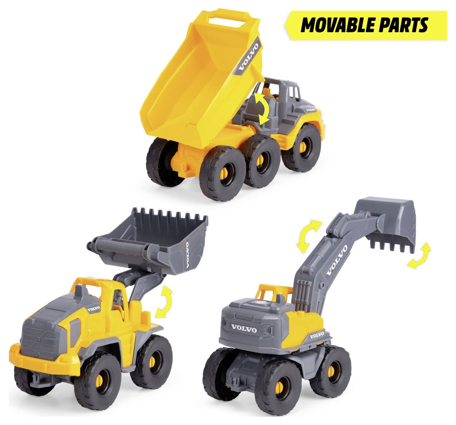 'Drei Spielzeugbaufahrzeuge: ein Kipplaster mit angehobenem Laderaum, ein Radlader und ein Bagger mit beweglichen Teilen, gekennzeichnet mit „Bewegliche Teile