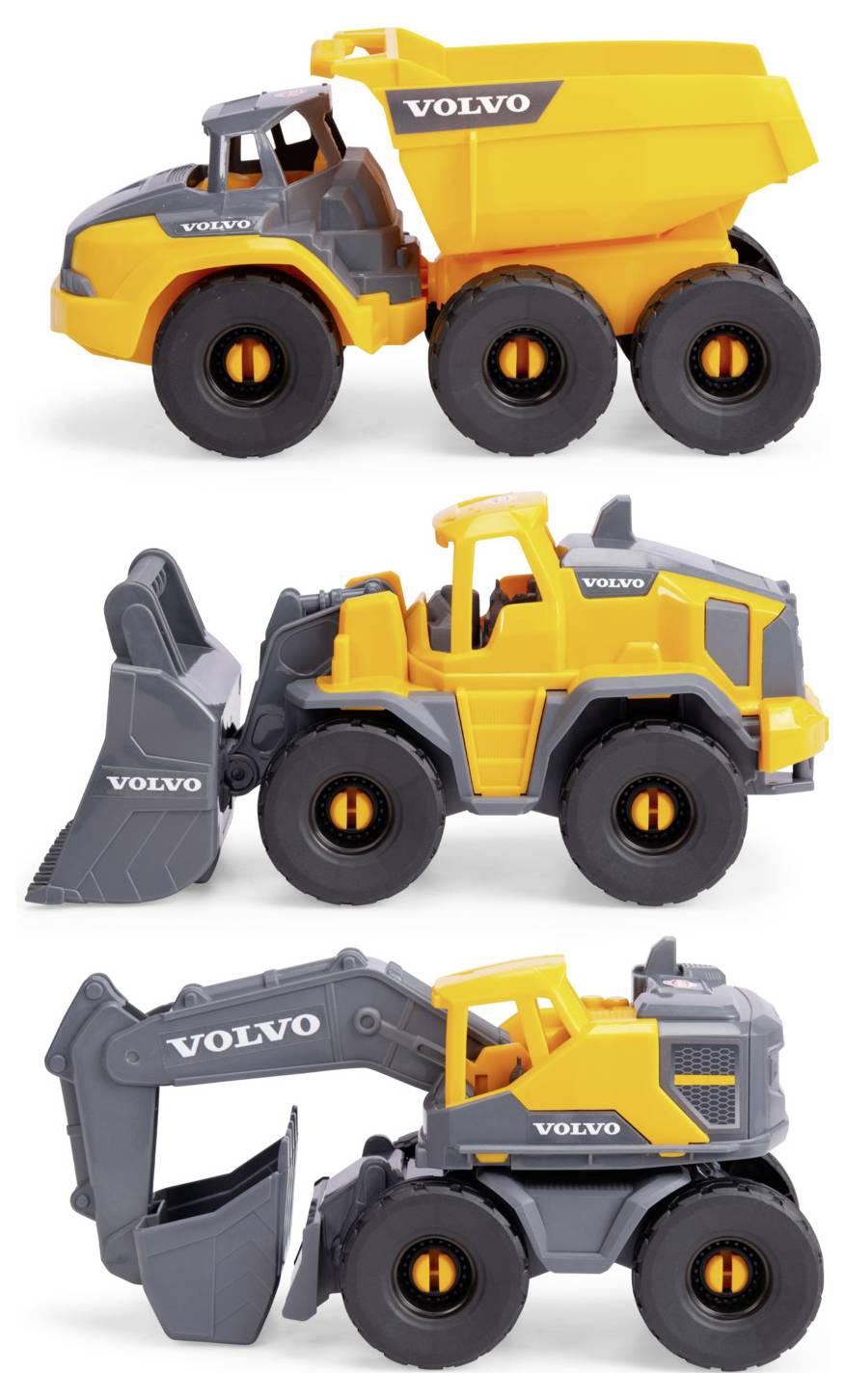 Drei Spielzeug-Baufahrzeuge: ein Muldenkipper, ein Radlader und ein Bagger, alle in Gelb und Grau mit dem Markennamen Volvo.
