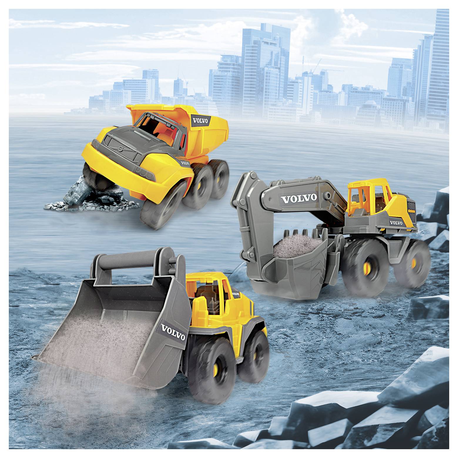 Spielzeug-Baufahrzeuge, einschließlich eines Muldenkippers und eines Baggers, werden bei der Arbeit auf felsigem Gelände mit einer Stadtsilhouette im Hintergrund gezeigt.