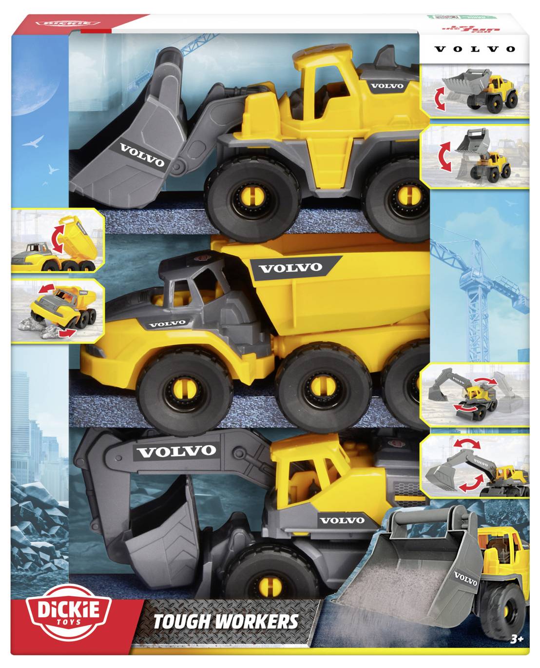Spielzeugverpackung mit drei verschiedenen gelben Baufahrzeugen mit der Marke „Volvo