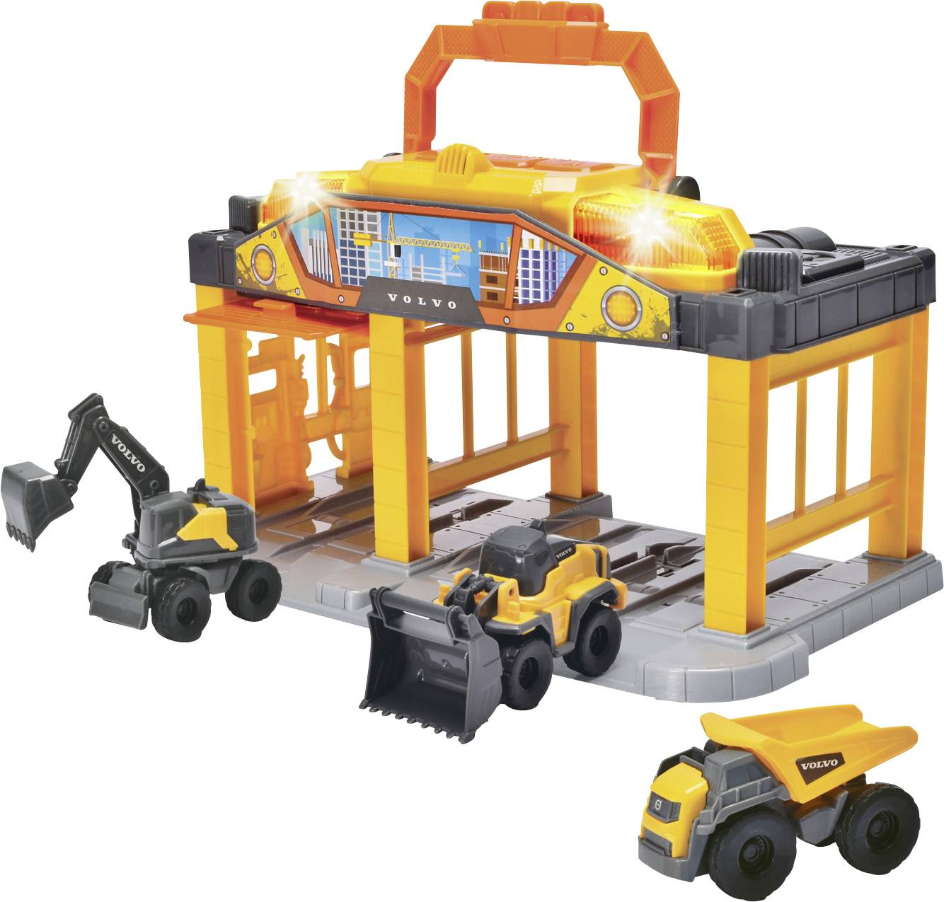 Spielzeug-Konstruktionsgarage-Set mit drei Baufahrzeugen davor: ein Bagger, eine Schaufelladerin und ein Kipplaster.