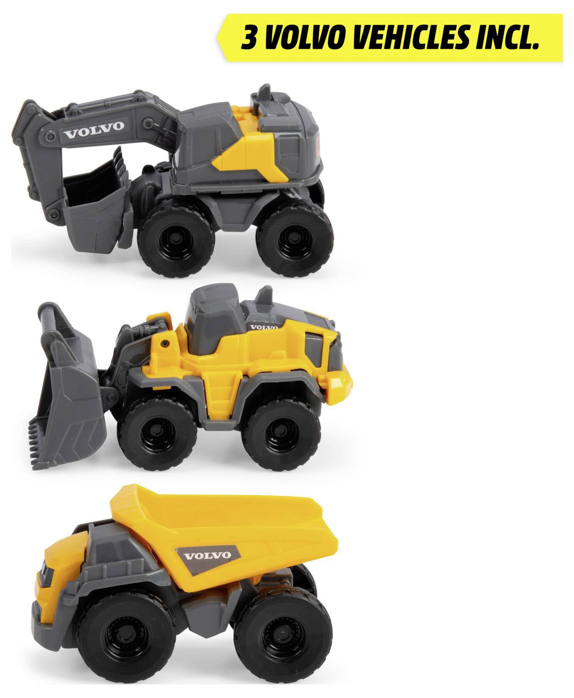 Drei Volvo-Spielzeugfahrzeuge: Bagger, Radlader und Dumper.