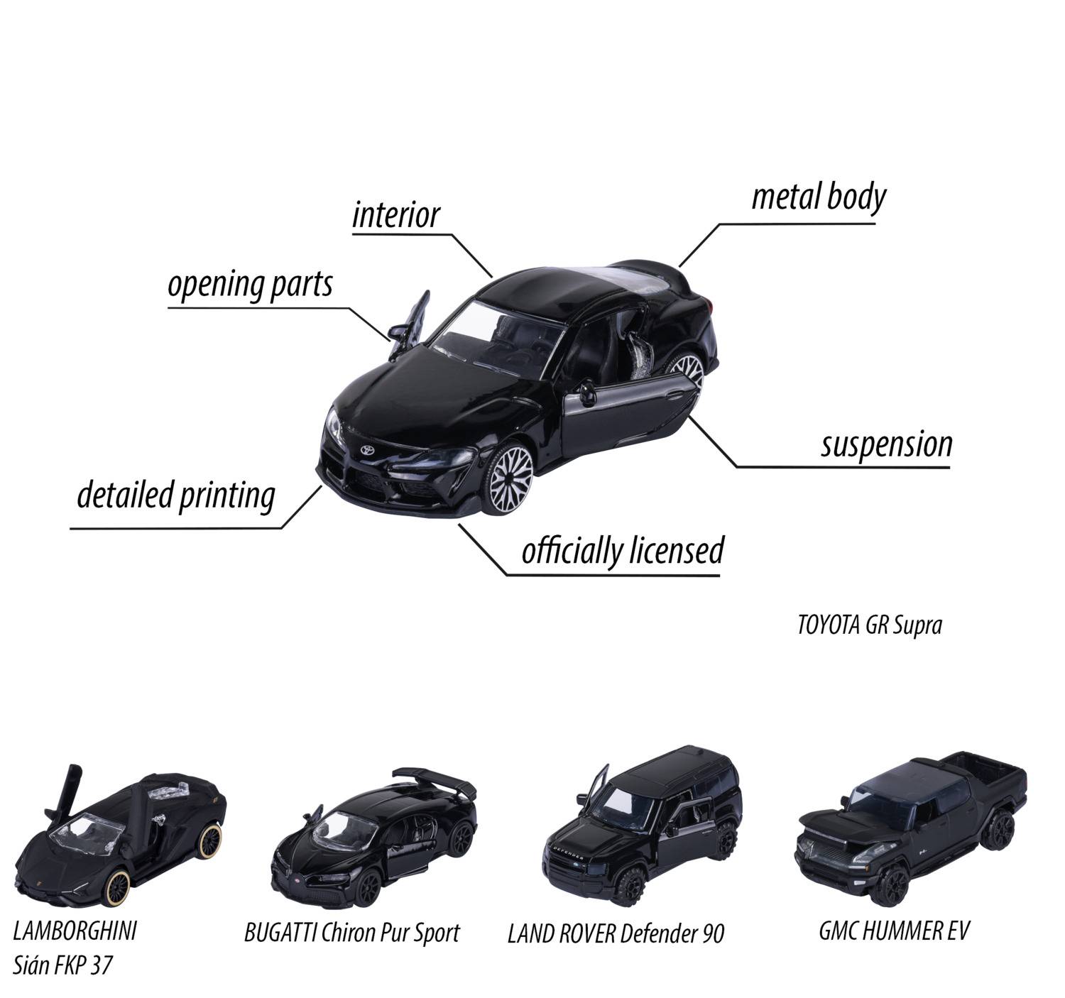 Majorette Bugatti, Lamborghini, Toyota, Land Rover Black Edition 5 Pieces Giftpack Fertigmodell PKW