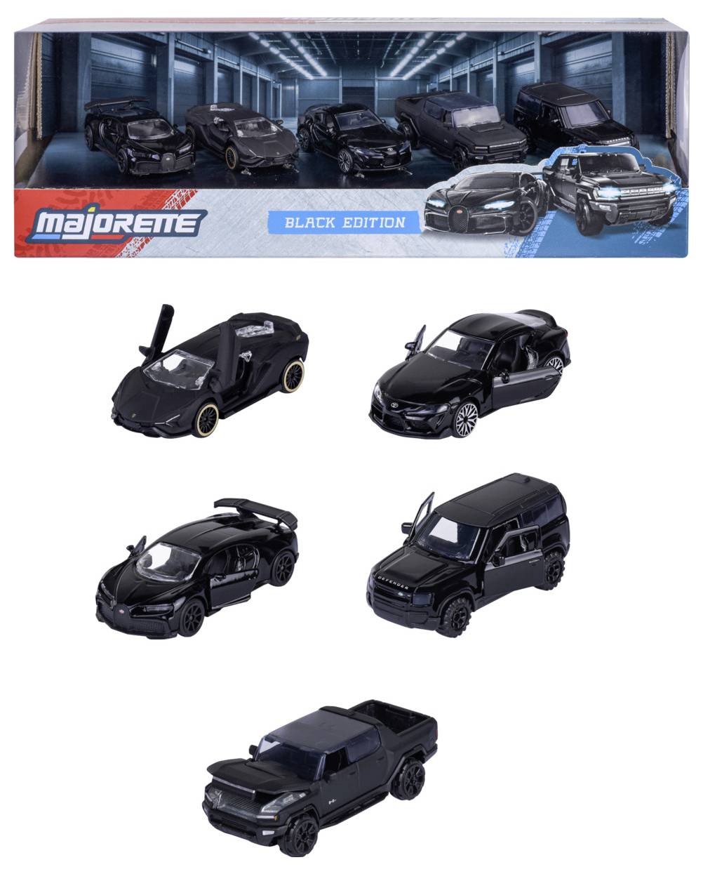 Majorette Bugatti, Lamborghini, Toyota, Land Rover Black Edition 5 Pieces Giftpack Fertigmodell PKW Modell