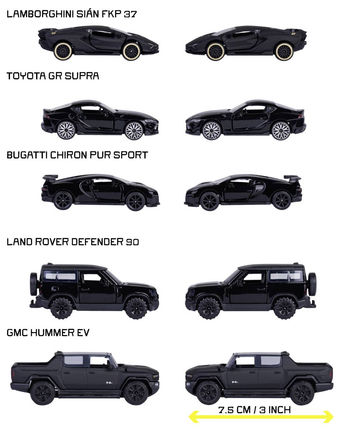 Majorette Bugatti, Lamborghini, Toyota, Land Rover Black Edition 5 Pieces Giftpack Fertigmodell PKW