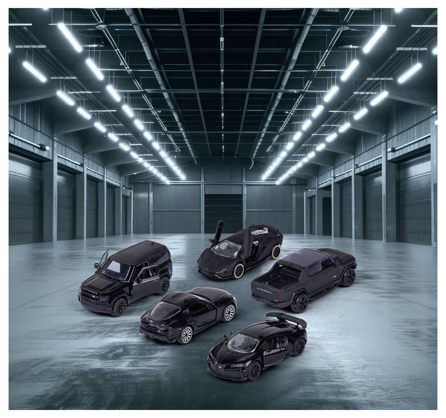 Majorette Bugatti, Lamborghini, Toyota, Land Rover Black Edition 5 Pieces Giftpack Fertigmodell PKW Modell