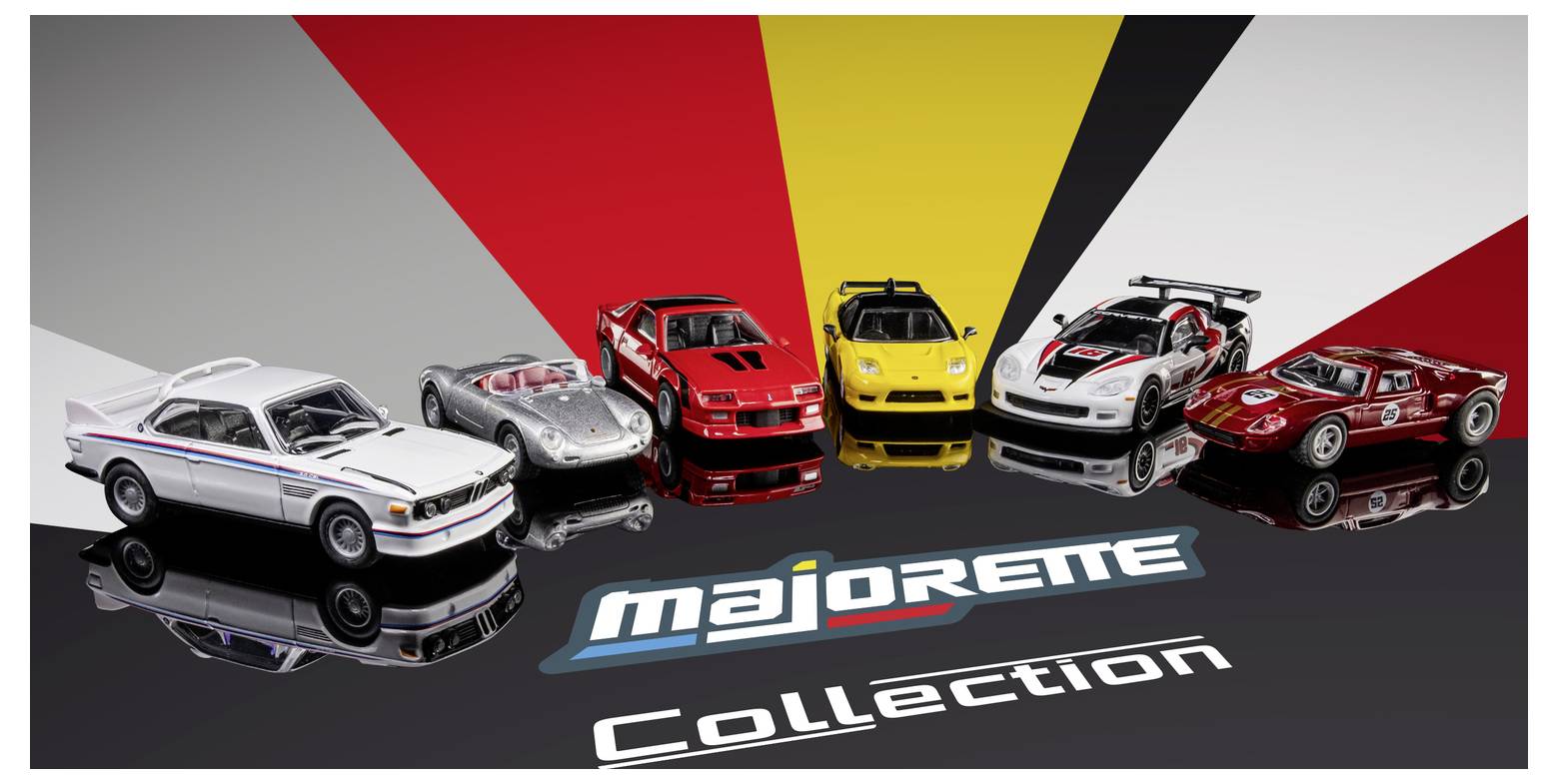 Die 'Majorette Collection' präsentiert sechs Spielzeugautomodelle in verschiedenen Farben und Designs, die vor einem dynamischen roten, schwarzen und weißen Hintergrund angeordnet sind.