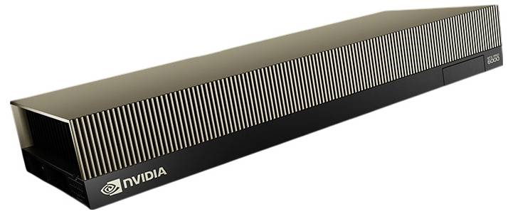 Ein rechteckiges NVIDIA-Gerät mit schwarzer und goldener Gehäuseverkleidung, aus einem schrägen Blickwinkel, mit lüftungsähnlichen Rillen und dem NVIDIA-Logo an der Seite.