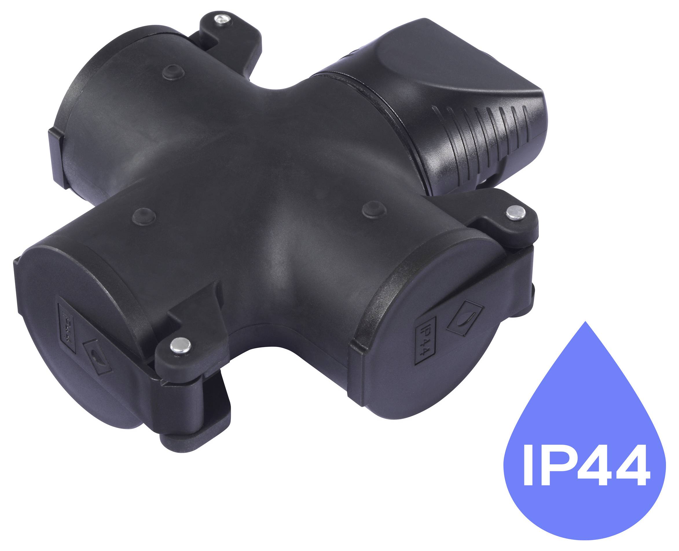 Ein schwarzer vierfacher elektrischer Anschlussdosen-Verteiler mit einem Wassertropfen-Symbol, das mit „IP44
