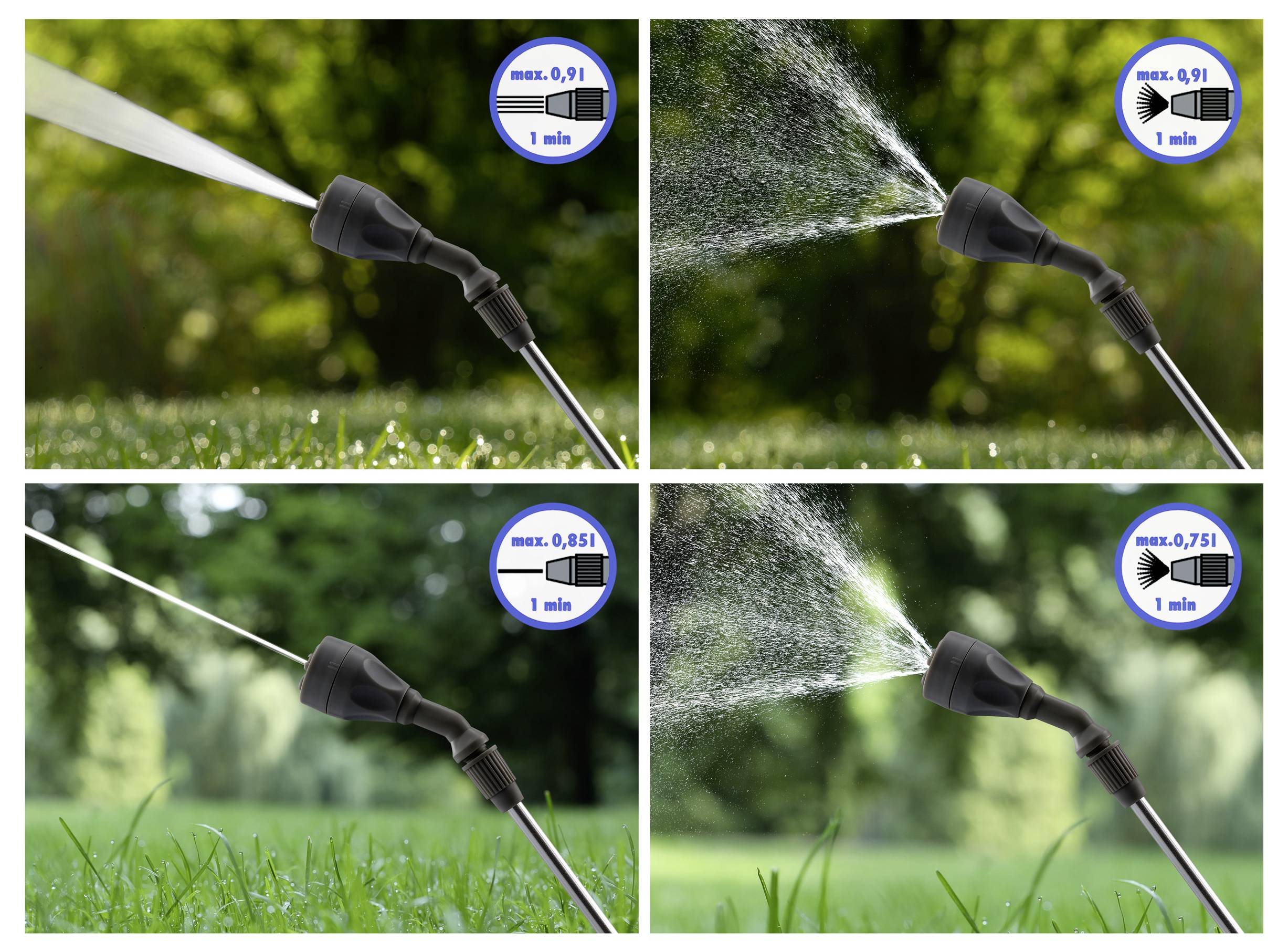 Vier Bilder zeigen unterschiedliche Wasserspritzmuster aus einer Gartenschlauch-Düse, jeweils mit der maximalen Wassernutzung pro Minute gekennzeichnet.