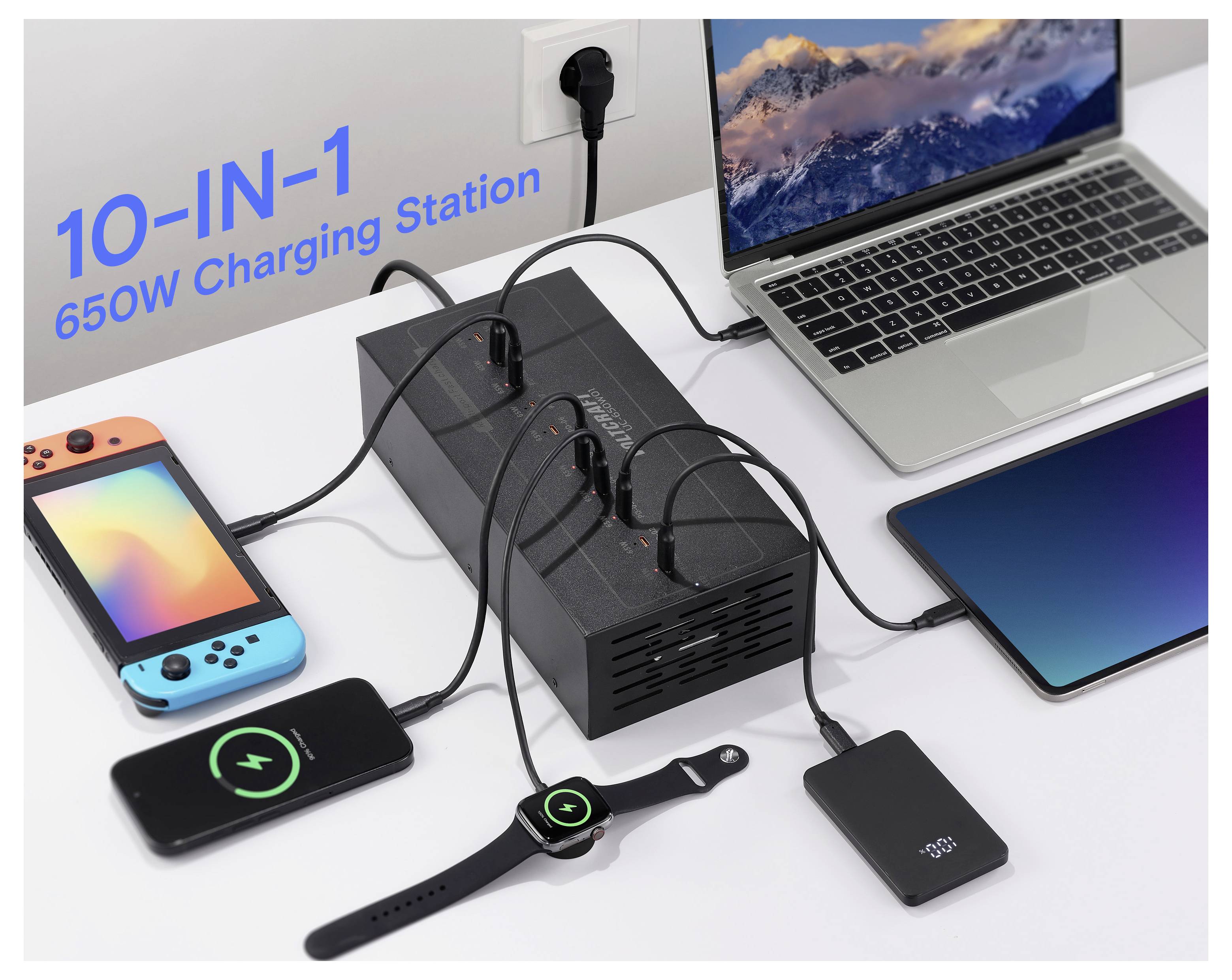 '10-in-1 650W Ladestation' verbunden mit mehreren Geräten, darunter ein Laptop, Smartphone, Smartwatch und Tablet, die gleichzeitiges Laden zeigen.