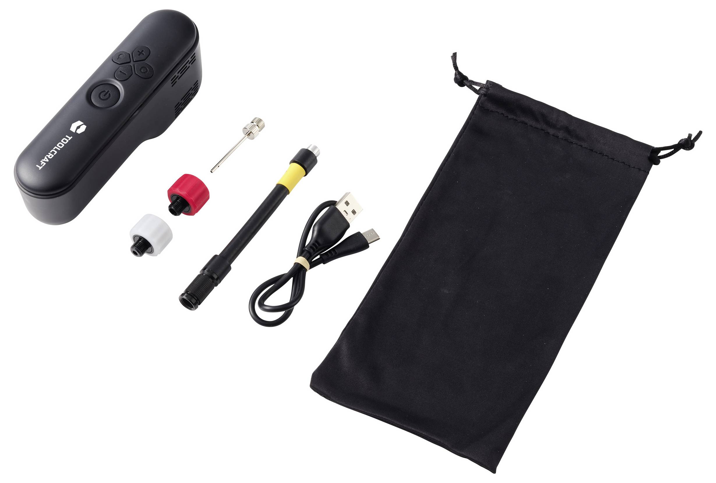 Bluetooth-Fernsteuerungsset mit kleiner Pumpe, Nadel, Adapter, USB-Ladekabel und schwarzem Beutel mit Kordelzug