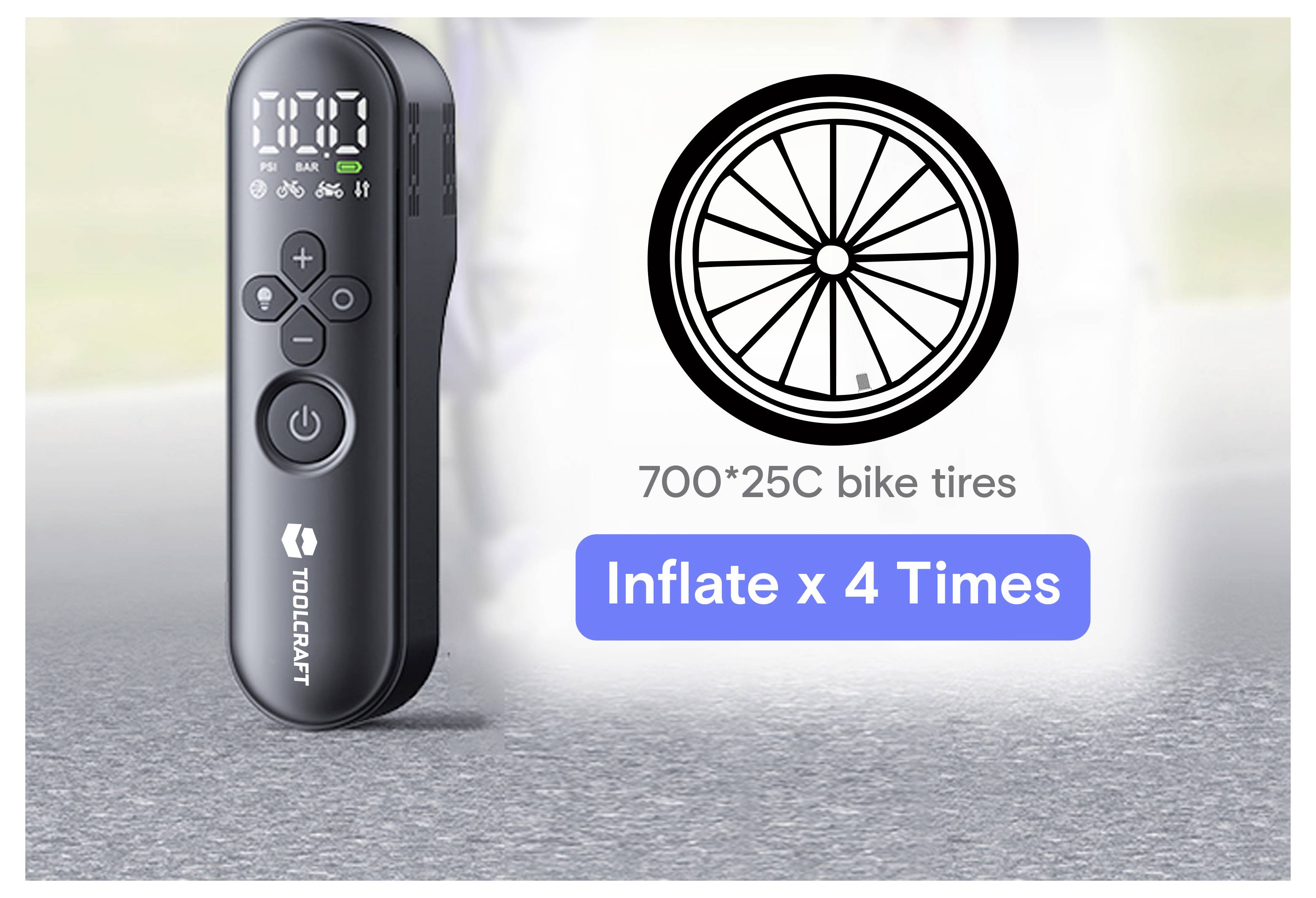 Tragbare elektrische Fahrradpumpe mit digitaler Anzeige und Tasten, dargestellt neben einem Radsymbol und Text „700*25C Fahrradreifen
