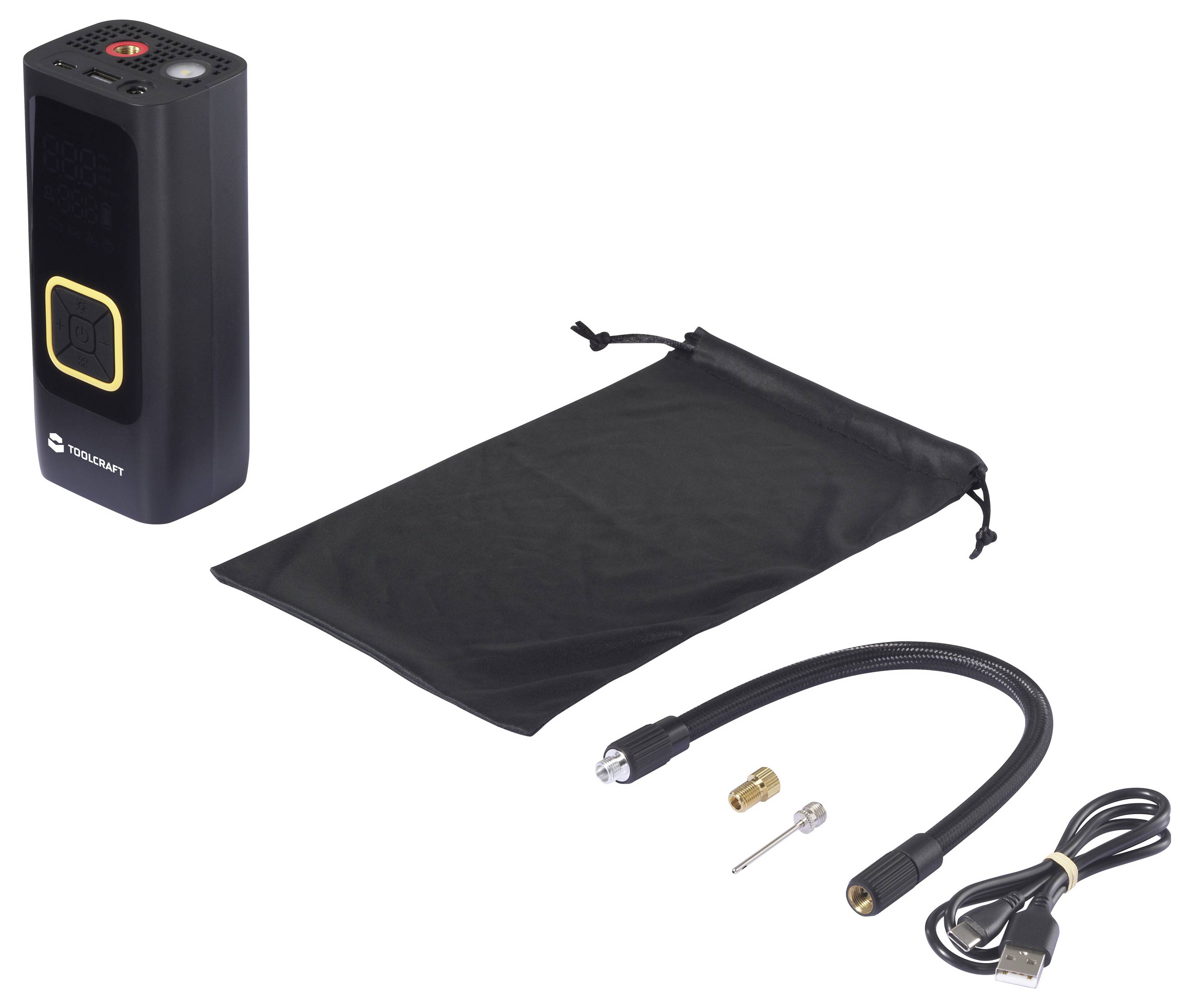 Tragbares Reifenluftpumpen-Set mit digitaler Luftpumpe, Aufbewahrungstasche, flexiblem Schlauch, Düsenadaptern und Ladekabel.