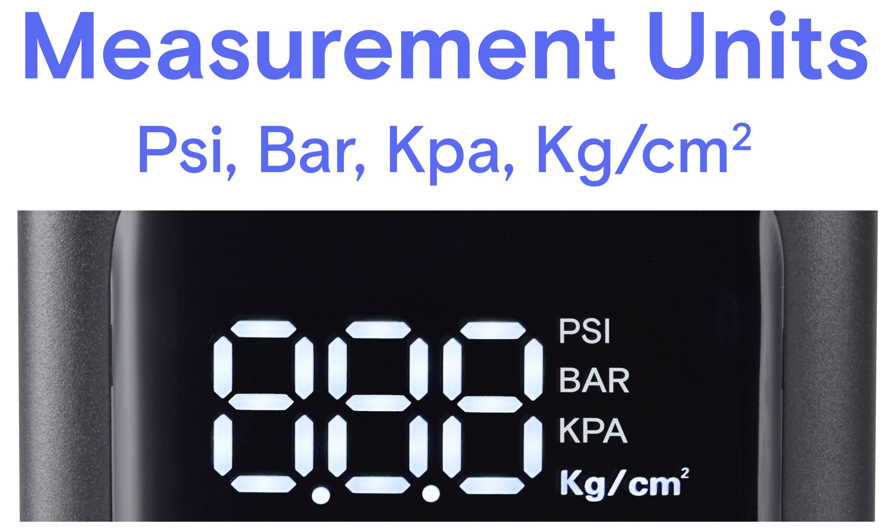 'Messenheiten' in blauem Text über einer digitalen Anzeige mit den Einheiten: PSI, BAR, KPA, Kg/cm².