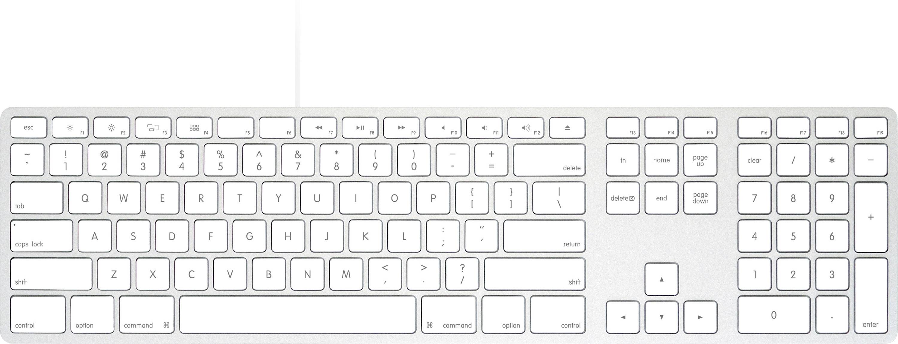 Eine weiße Computertastatur mit einem Ziffernblock auf der rechten Seite, ausgestattet mit Standard-Tasten und Funktionstasten oben.