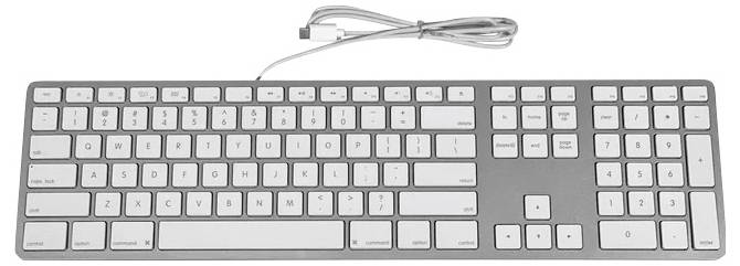Eine silber und weiße Vollgröße-Tastatur mit Kabel, numerischem Tastenfeld und USB-Anschluss.