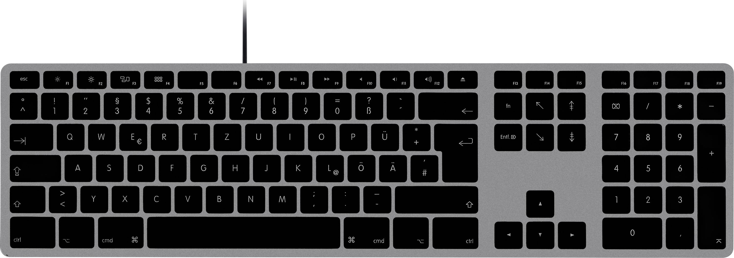 Eine kabelgebundene schwarze Tastatur mit Ziffernblock und Funktionstasten, entwickelt für Desktopcomputer.