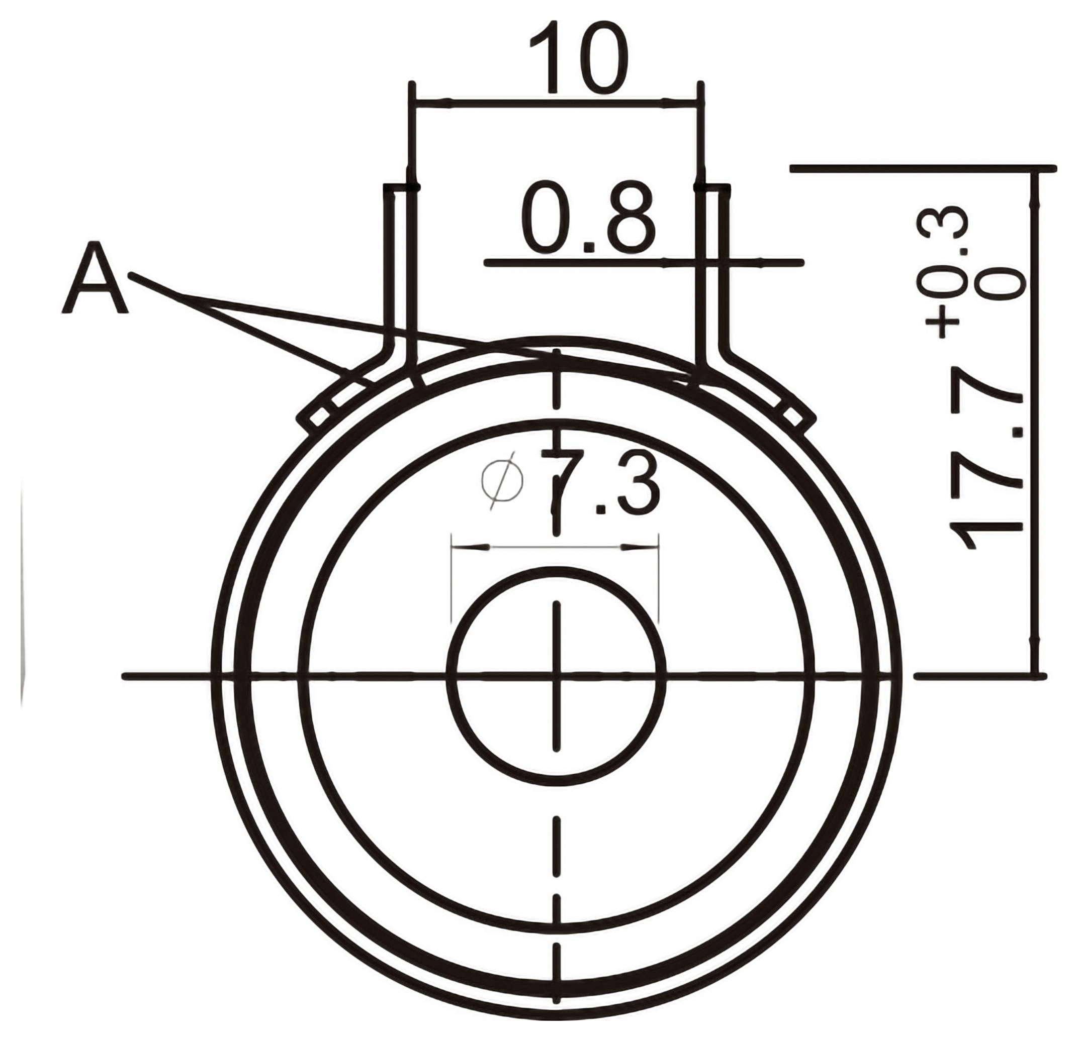 Technische Zeichnung eines kreisförmigen Teils mit zentralem Loch und oberer Lasche, mit Abmessungen von 10 mm Breite und 17,7 mm Höhe, mit 7,3 mm Innendurchmesser und gekennzeichnetem Detail A.