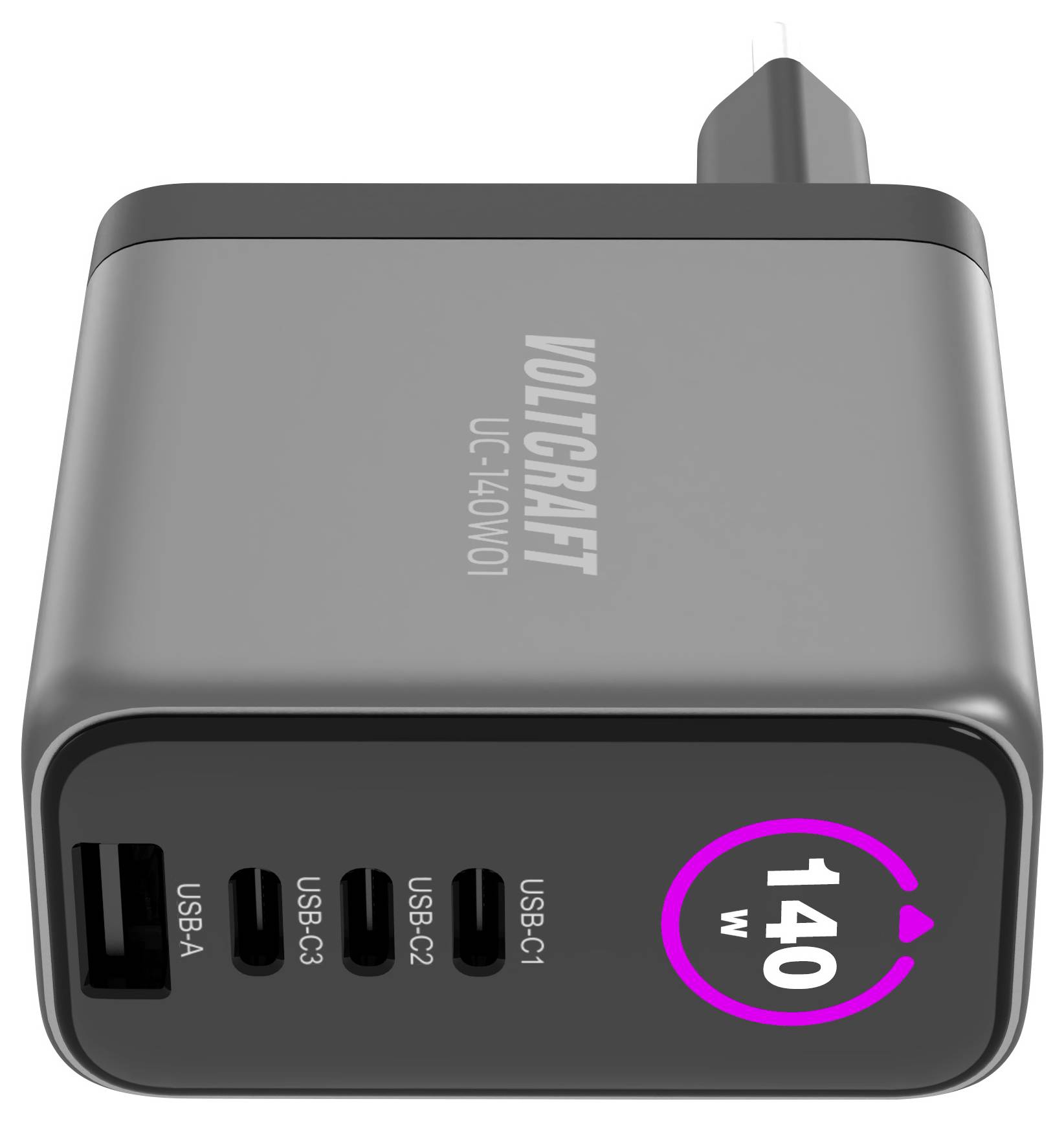 Ein schwarzes Voltcraft-Ladegerät mit vier USB-Anschlüssen, die mit USB-A, USB-C1, USB-C2, USB-C3 gekennzeichnet sind. Eine „140-W
