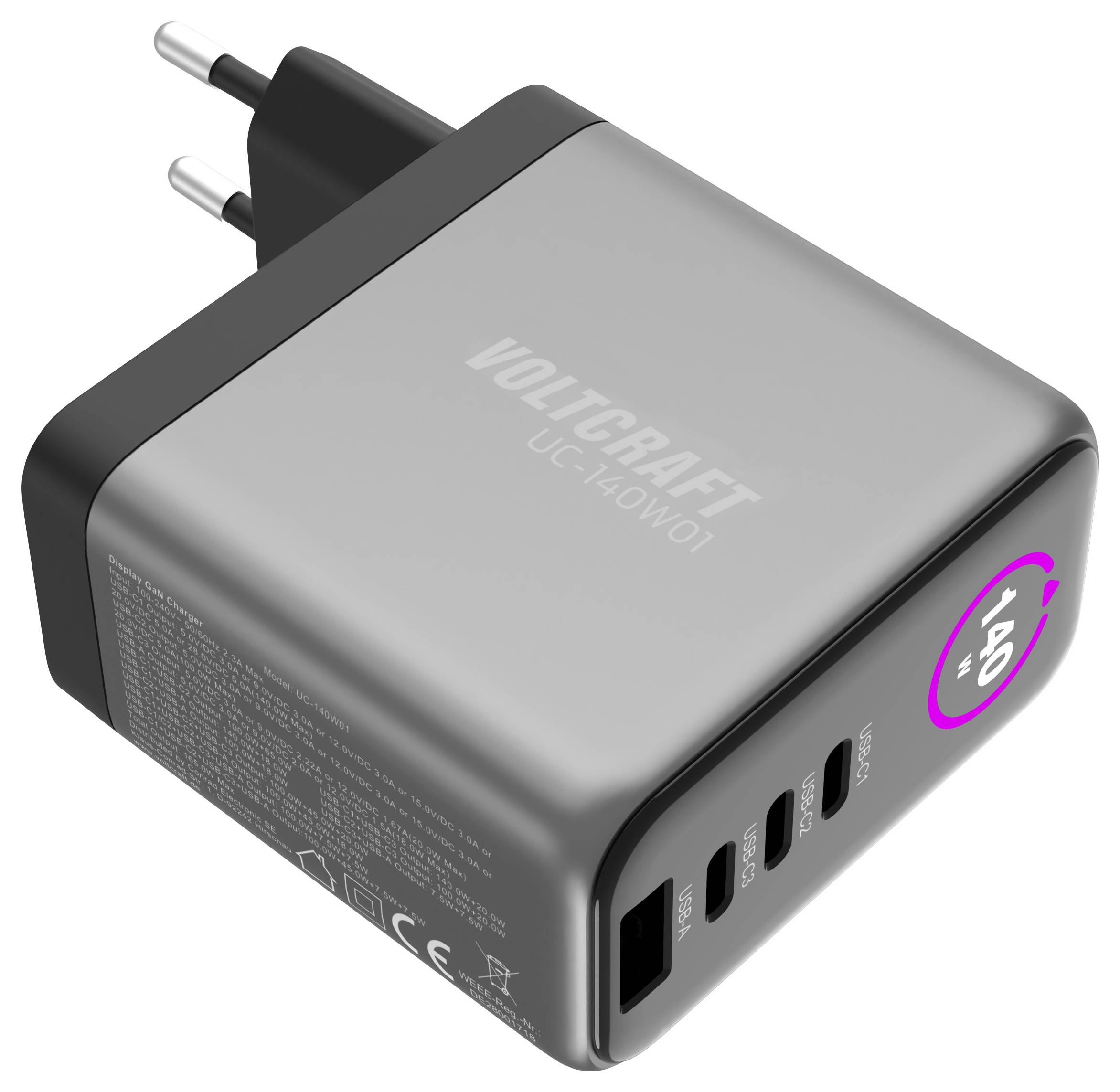 Ein grauer VOLTCRAFT USB-Wandladegerät, Modell UC-140W01, mit mehreren Anschlüssen und mit „140W