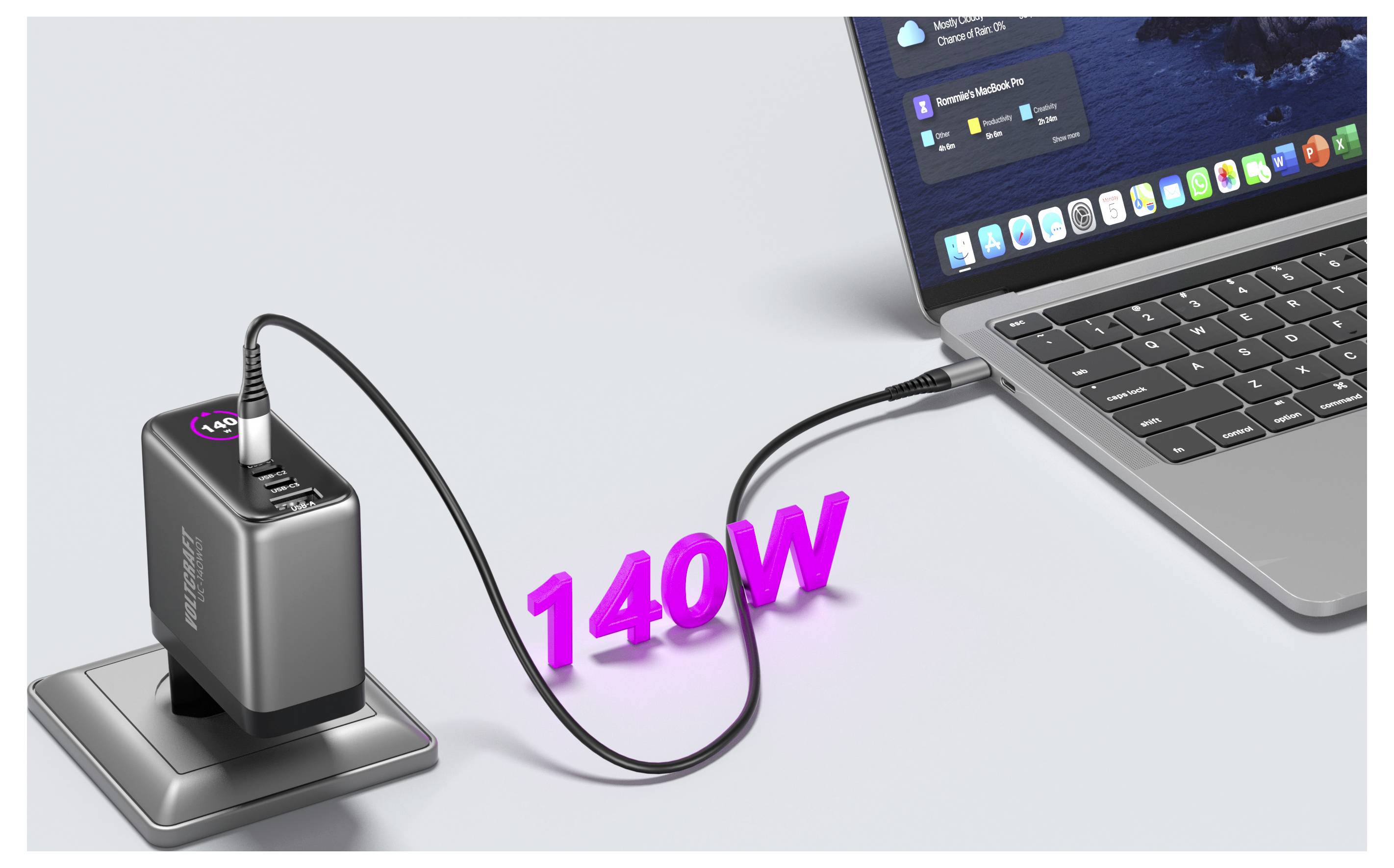 Ein Laptop, der mit einem Netzteil mit der Bezeichnung „140W