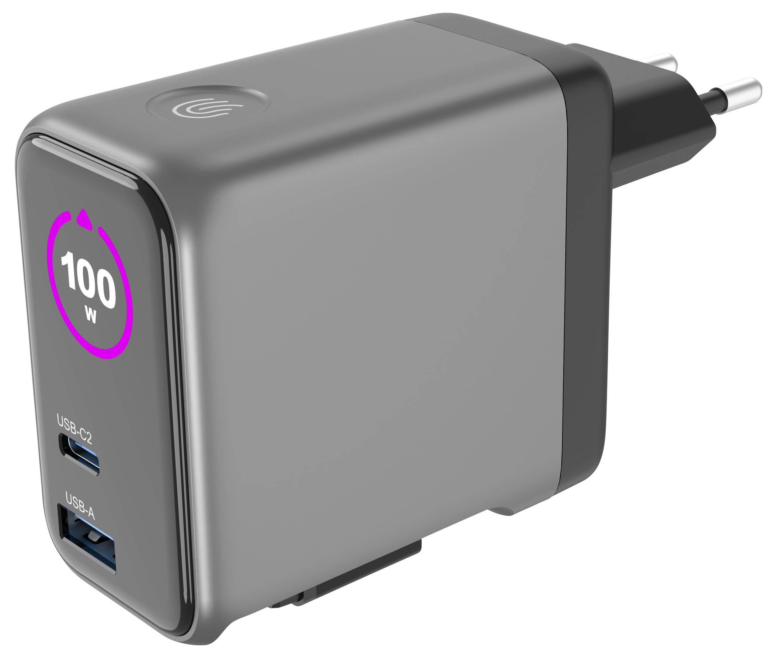 Ein schwarzes Wandladegerät mit zwei USB-Anschlüssen mit der Bezeichnung „USB-C2