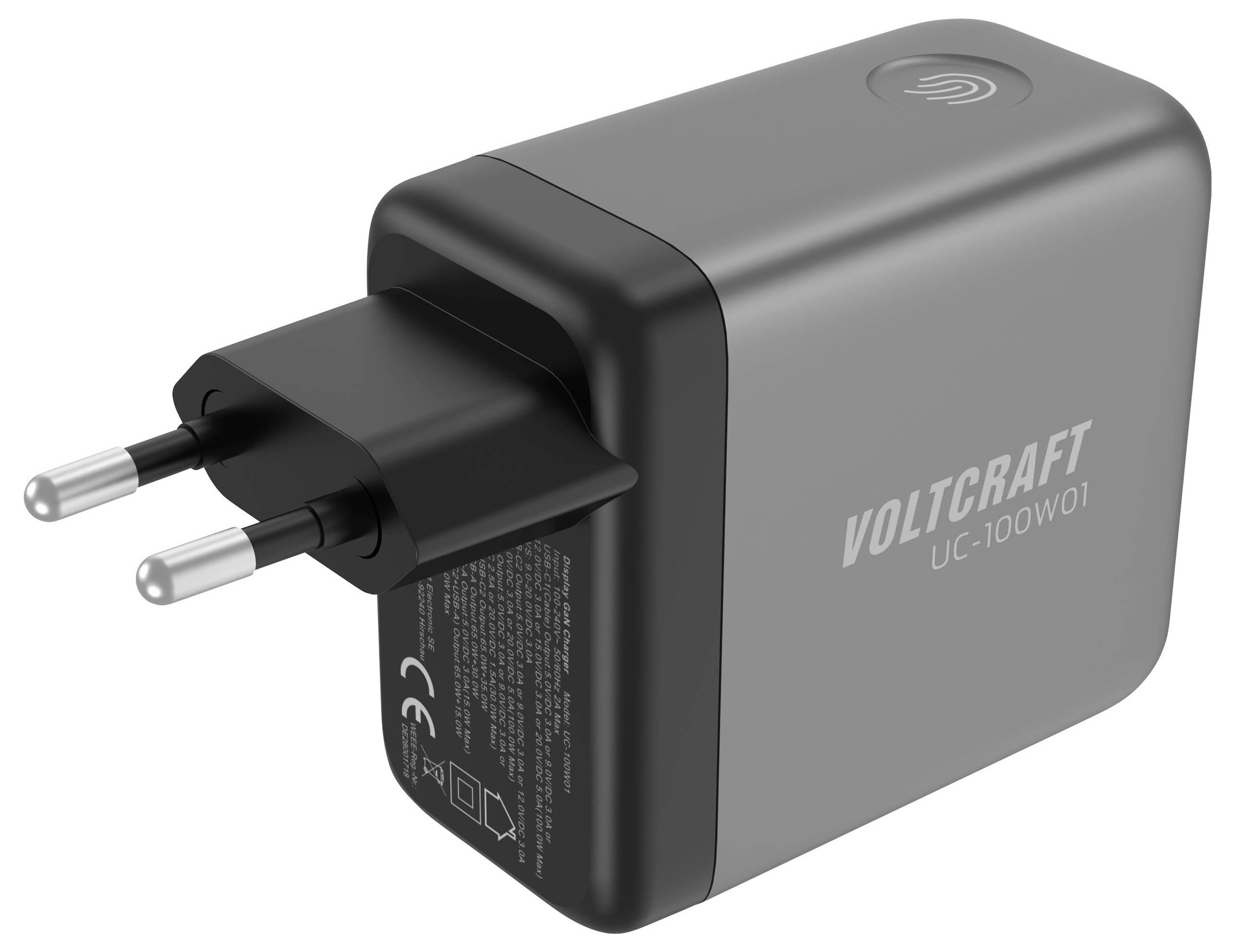 Ein grauer Voltcraft USB-Wandladegerät mit europäischem Stecker, beschriftet mit „VOLTCraft UC-100W01