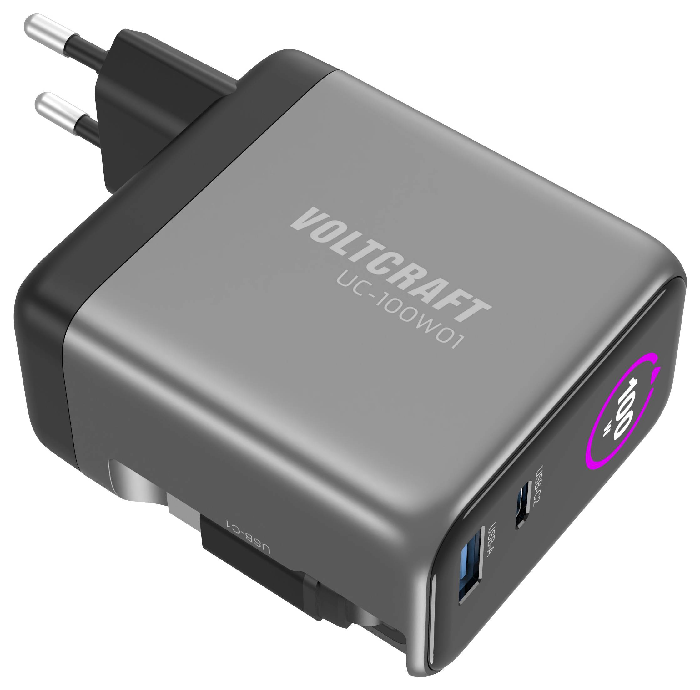 Ein grauer Voltcraft UC-100W01 Wandladegerät mit zwei USB-Anschlüssen, geeignet zum schnellen Aufladen. Der Stecker passt in europäische Steckdosen.