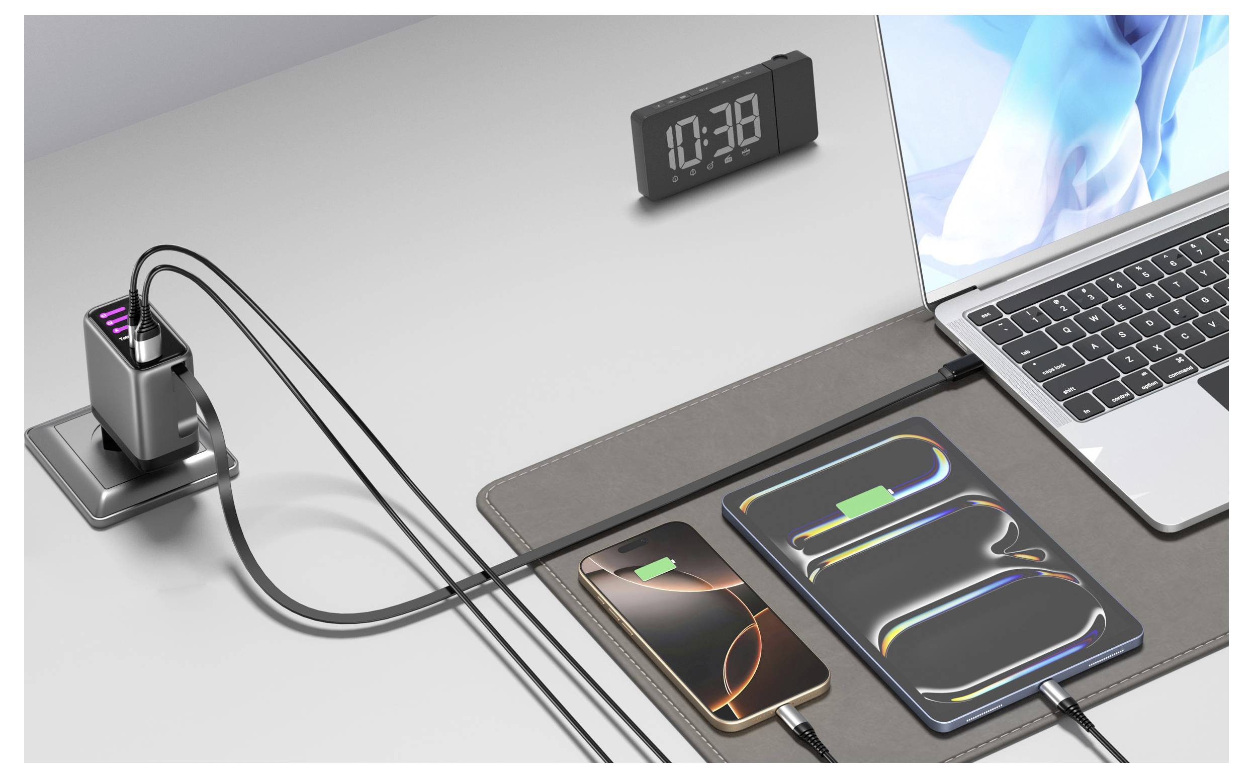 Ein Schreibtisch mit einem Laptop, zwei Smartphones, die geladen werden, und einer digitalen Uhr, die '10:38' anzeigt. Ladekabel sind mit einem Stromverteiler verbunden.