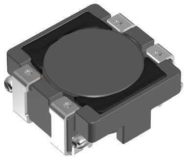 Eine schwarze und silberne elektronische Komponente mit einem kreisförmigen Zentrum, die mehrere Anschlüsse an den Kanten aufweist, höchstwahrscheinlich eine SMD-Induktivität.