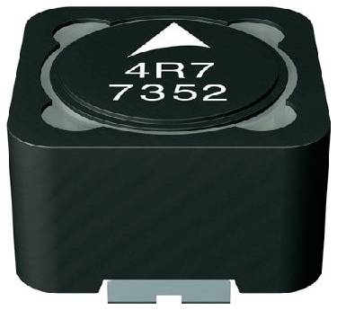 Eine elektronische Komponente, möglicherweise eine Induktivität oder ein Kondensator, mit den Markierungen '4R7' und '7352', und einem weißen Pfeil, der nach oben zeigt.