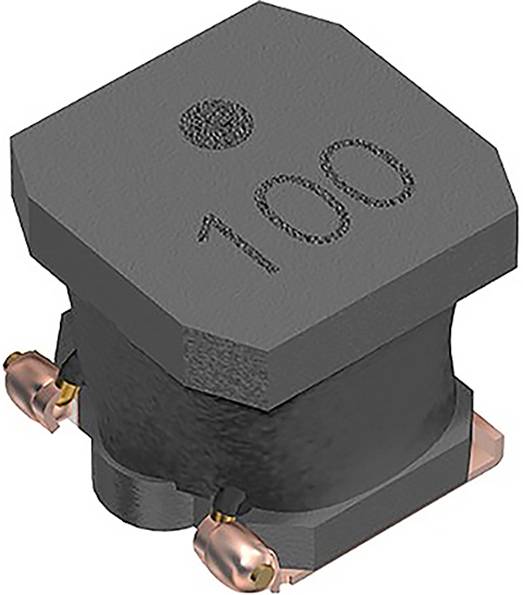 Eine kompakte, quadratische elektronische Komponente, die oben mit '100' beschriftet ist und höchstwahrscheinlich eine Induktivität darstellt, mit sichtbaren metallischen Kontakten an den Seiten.