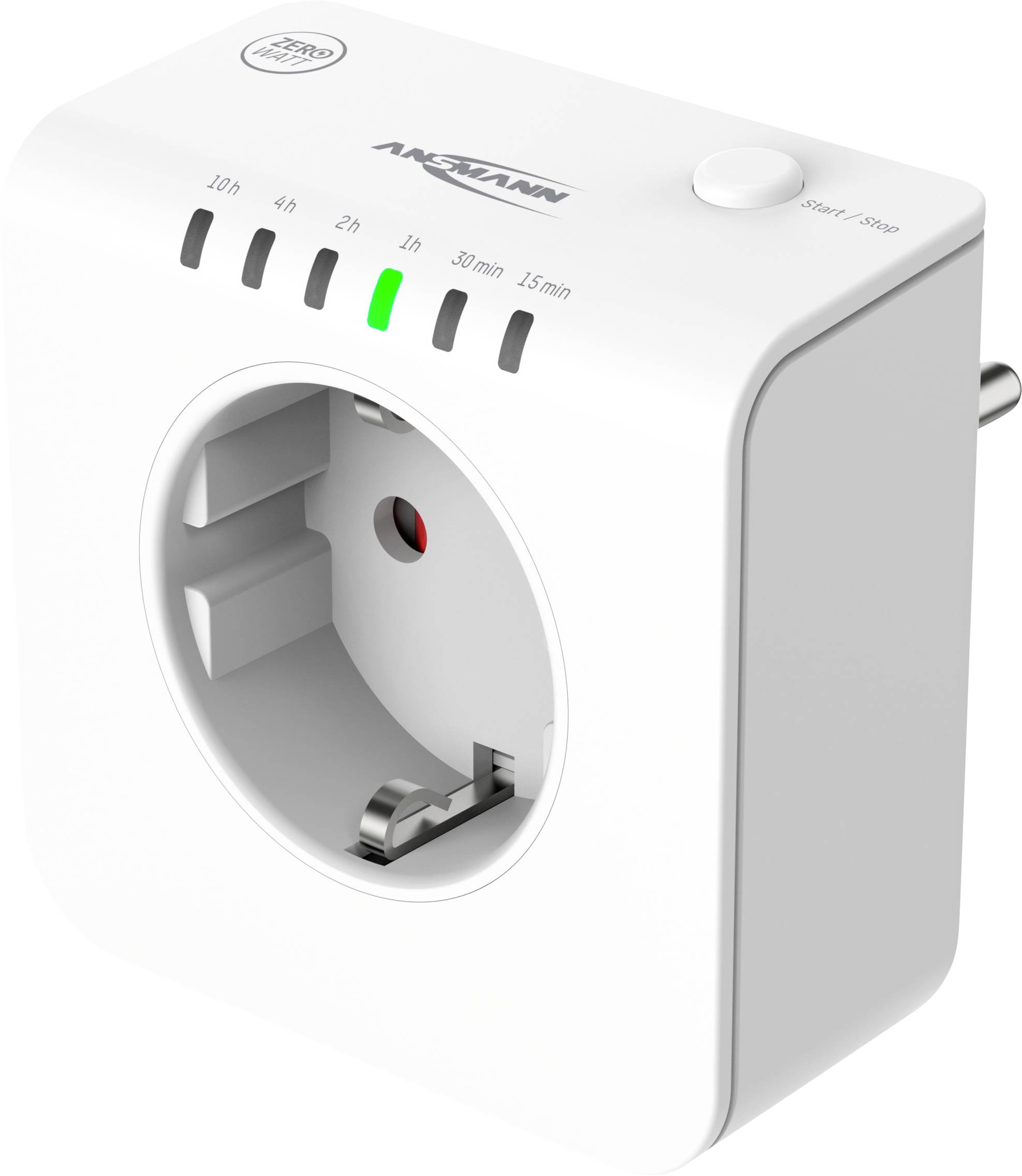 Ein weißer ANSMANN Smart-Stecker-Timer mit digitalem Display und Tasten zur Einstellung von Zeitintervallen: 1h, 3h, 6h, 15min, 30min, 2h.