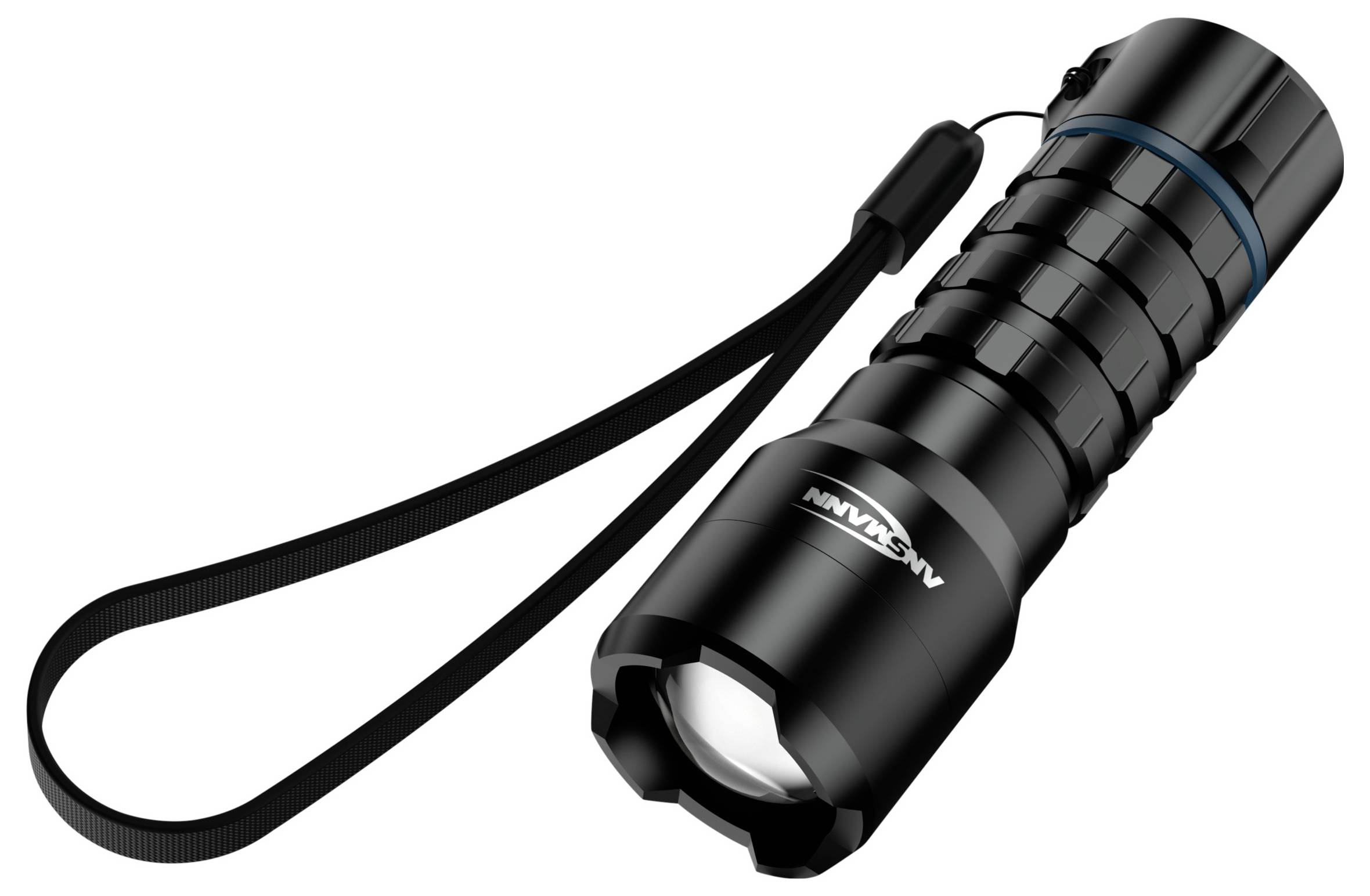 Eine schwarze Taschenlampe mit strukturiertem Griff und Handgelenkschlaufe, entwickelt für den Einsatz im Freien. Der Markenname ist seitlich aufgedruckt.