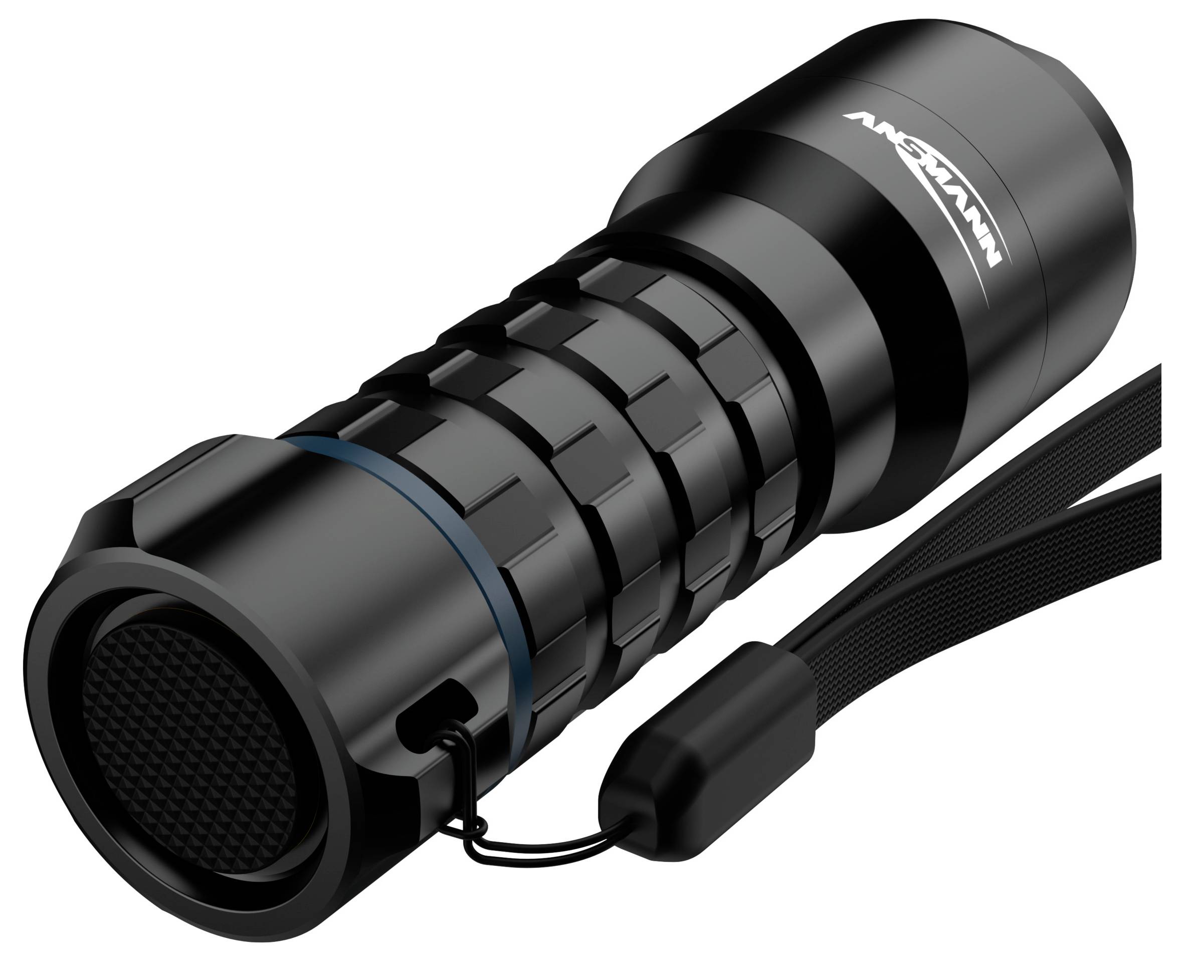 Eine kompakte schwarze Taschenlampe mit strukturiertem Griff und Handgelenkband, entwickelt für einfache Handhabung und Transportierbarkeit.