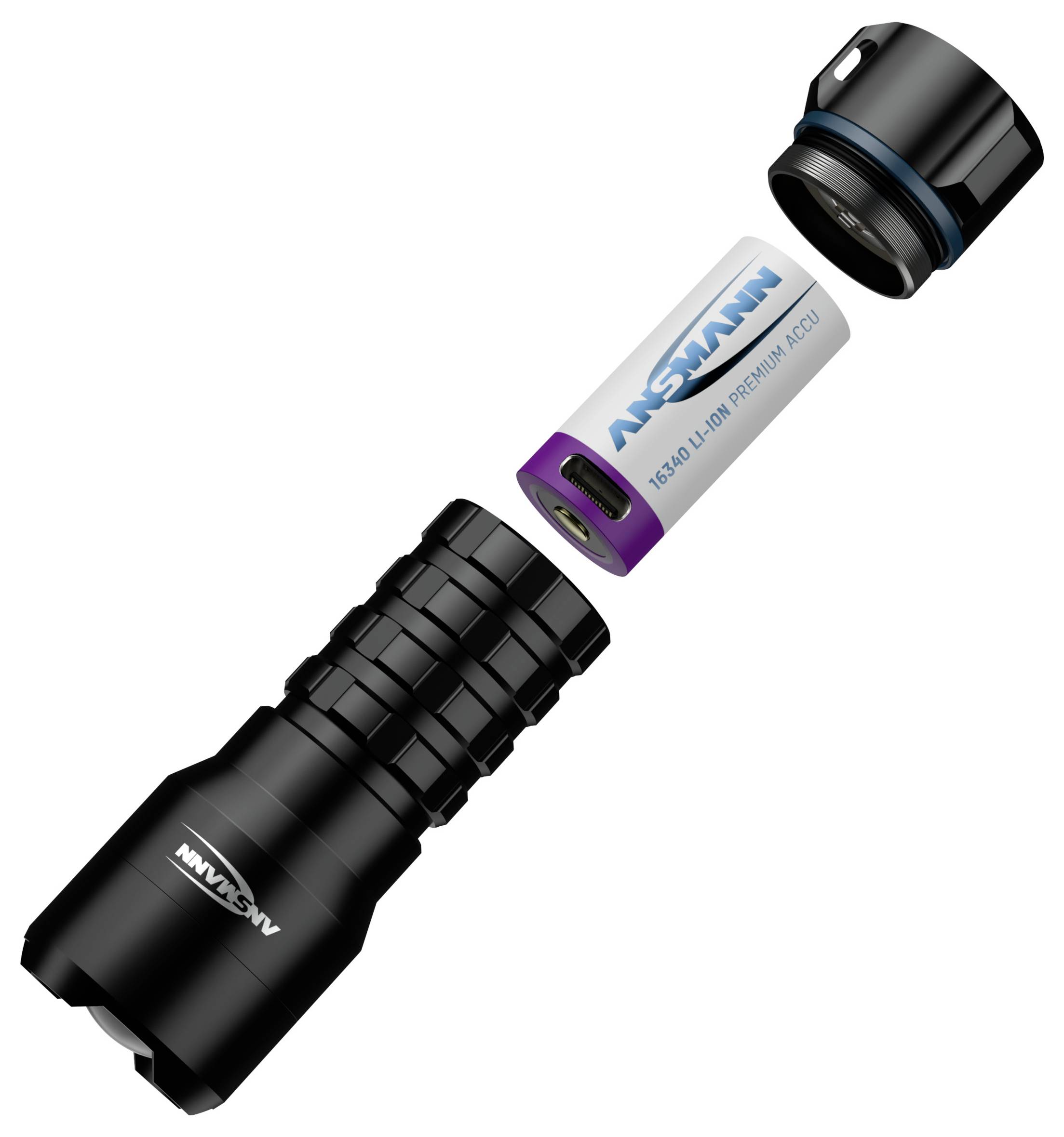 Taschenlampe und Batterie, wobei die Batterie aus dem Batteriefach der Taschenlampe herausgenommen wurde und die Batterieinstallation veranschaulicht.